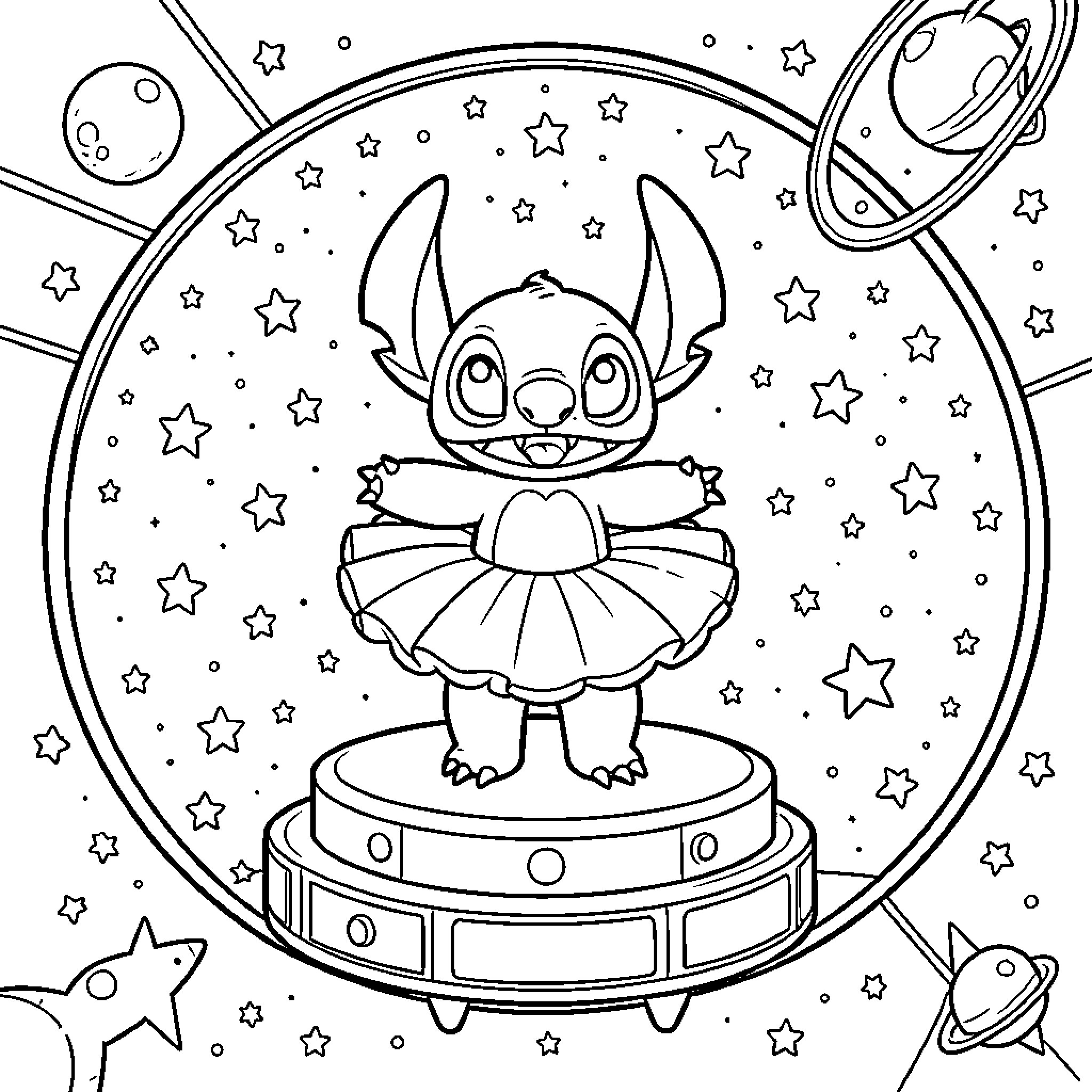 Stitch dancing amidst celestial wonders Coloring Page (free black-and-white line drawing printable PDF for all, from beginners to advanced learners, including children, teens, adults, and seniors)