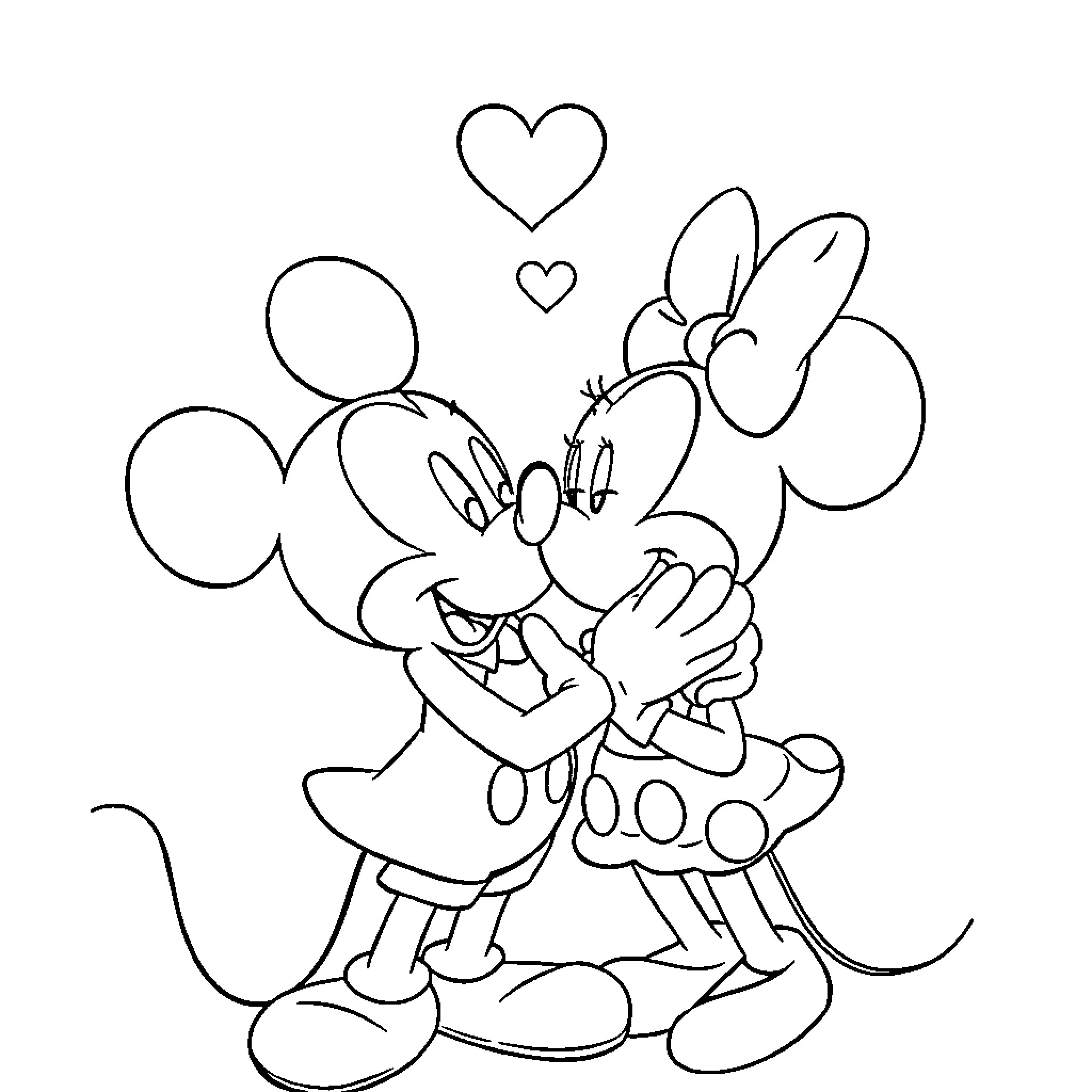 Mickey and Minnie Mouse embracing with hearts Coloring Page (free black-and-white line drawing printable PDF for all, from beginners to advanced learners, including children, teens, adults, and seniors)