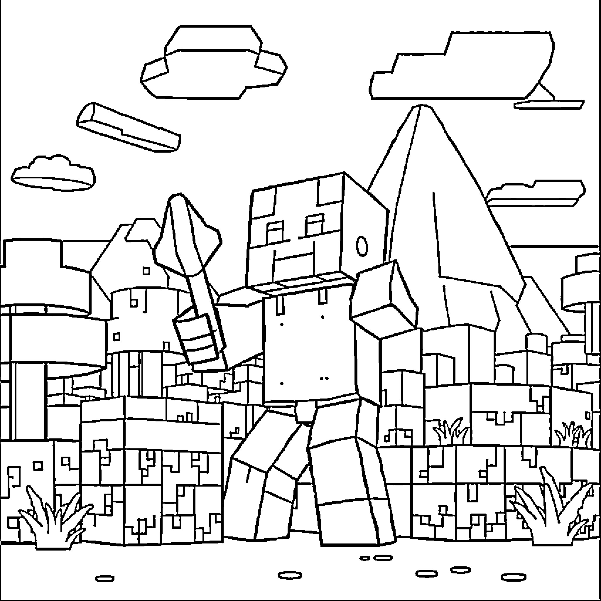 Minecraft characters exploring a blocky landscape Coloring Page (free black-and-white line drawing printable PDF for all, from beginners to advanced learners, including children, teens, adults, and seniors)