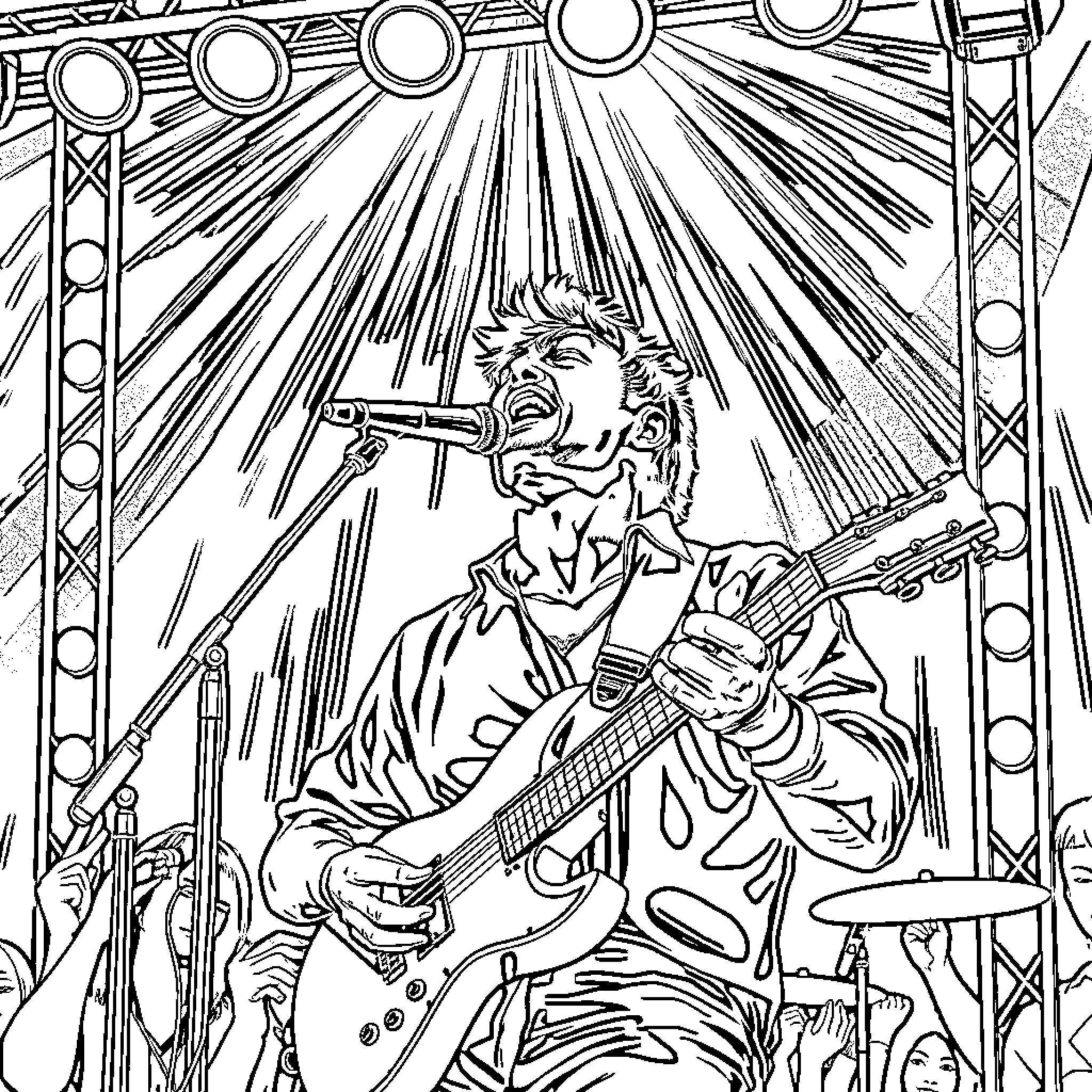 HUNTR/X Performing on Stage with Guitar Coloring Page (free black-and-white line drawing printable PDF for all, from beginners to advanced learners, including children, teens, adults, and seniors)