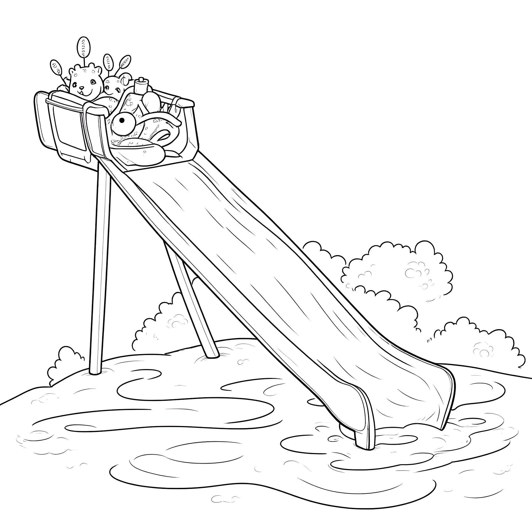 Bag full of toys sliding down watery slide Coloring Page (free black-and-white line drawing printable PDF for all, from beginners to advanced learners, including children, teens, adults, and seniors)