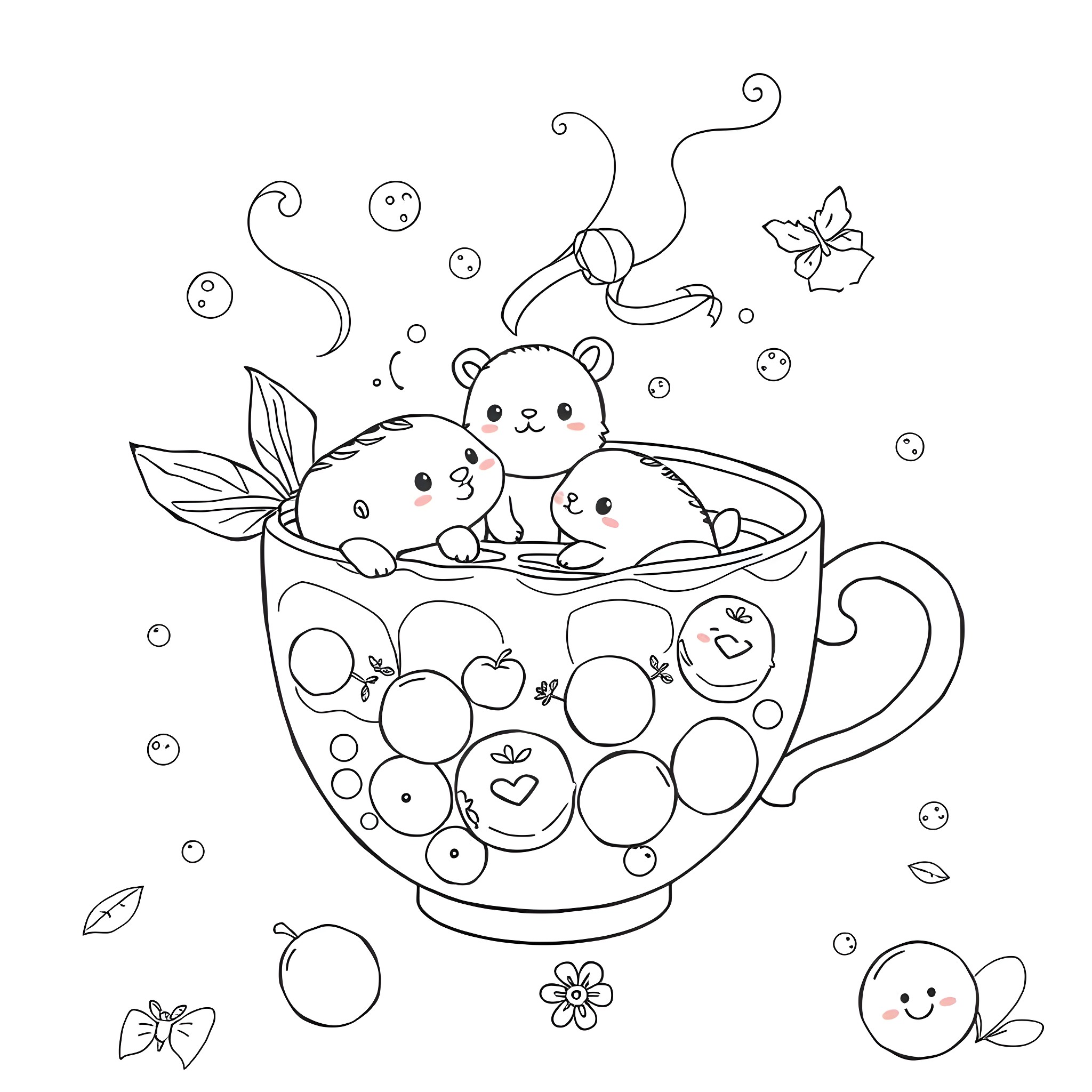 Animal Cute Bears in Teacup with Bubbles and Flowers Coloring Page (free black-and-white line drawing printable PDF for all, from beginners to advanced learners, including children, teens, adults, and seniors)
