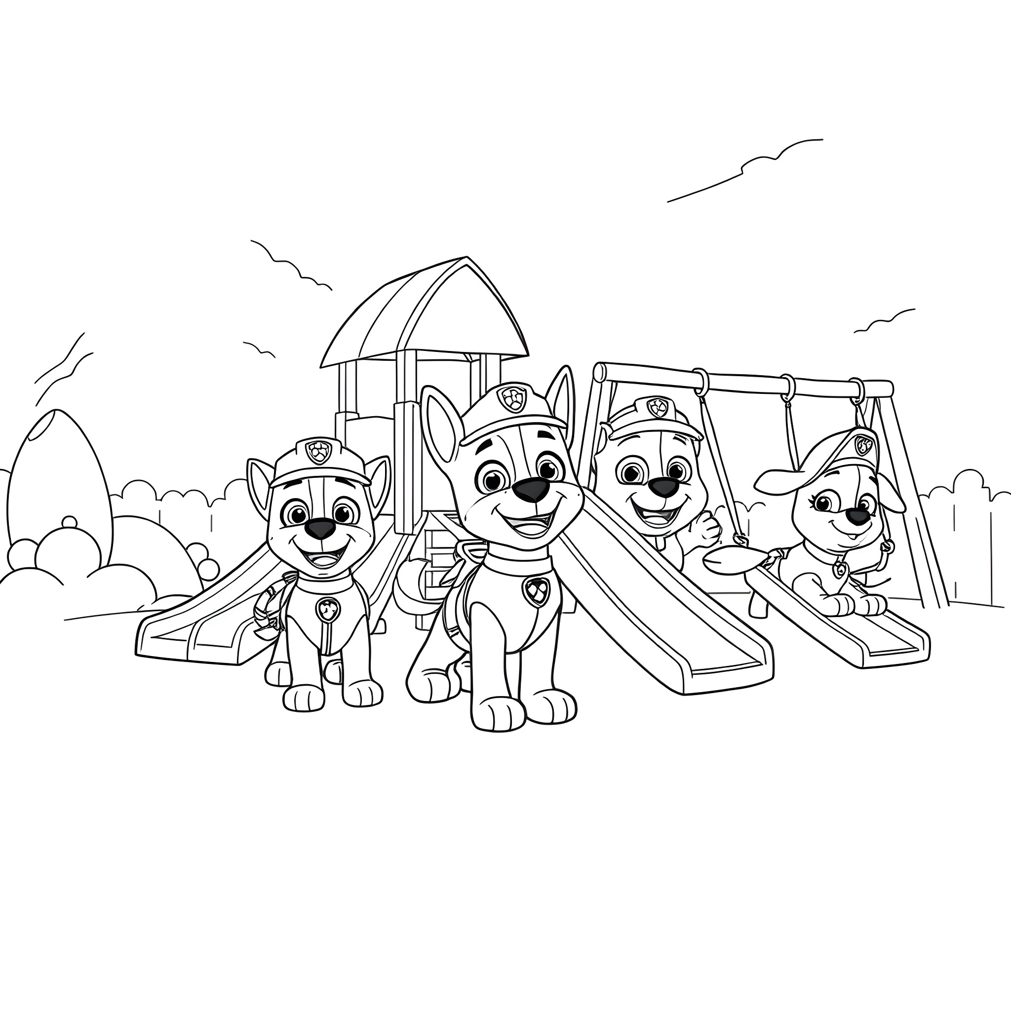Paw Patrol puppies playing on a playground Coloring Page (free black-and-white line drawing printable PDF for all, from beginners to advanced learners, including children, teens, adults, and seniors)