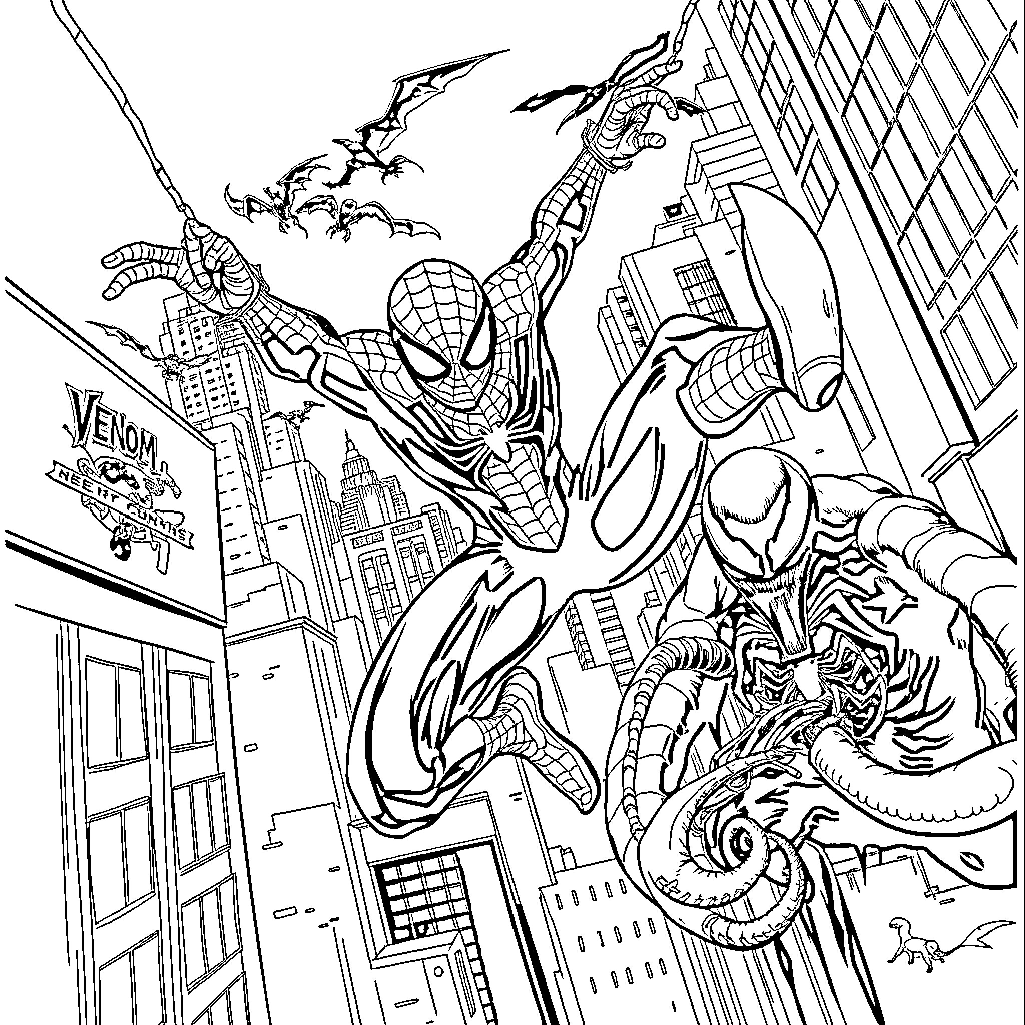Spiderman swinging through the city with villains Coloring Page (free black-and-white line drawing printable PDF for all, from beginners to advanced learners, including children, teens, adults, and seniors)