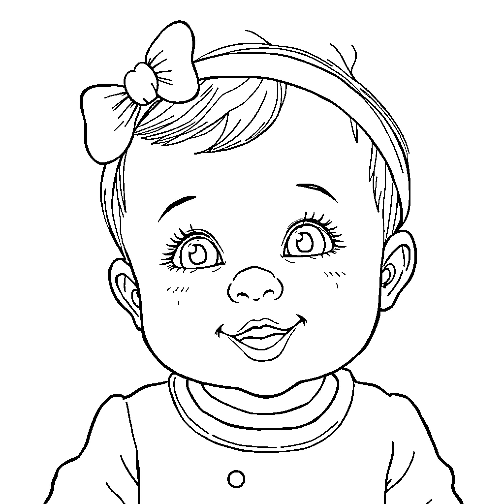 Strawberry baby girl in a cute bow Coloring Page (free black-and-white line drawing printable PDF for all, from beginners to advanced learners, including children, teens, adults, and seniors)