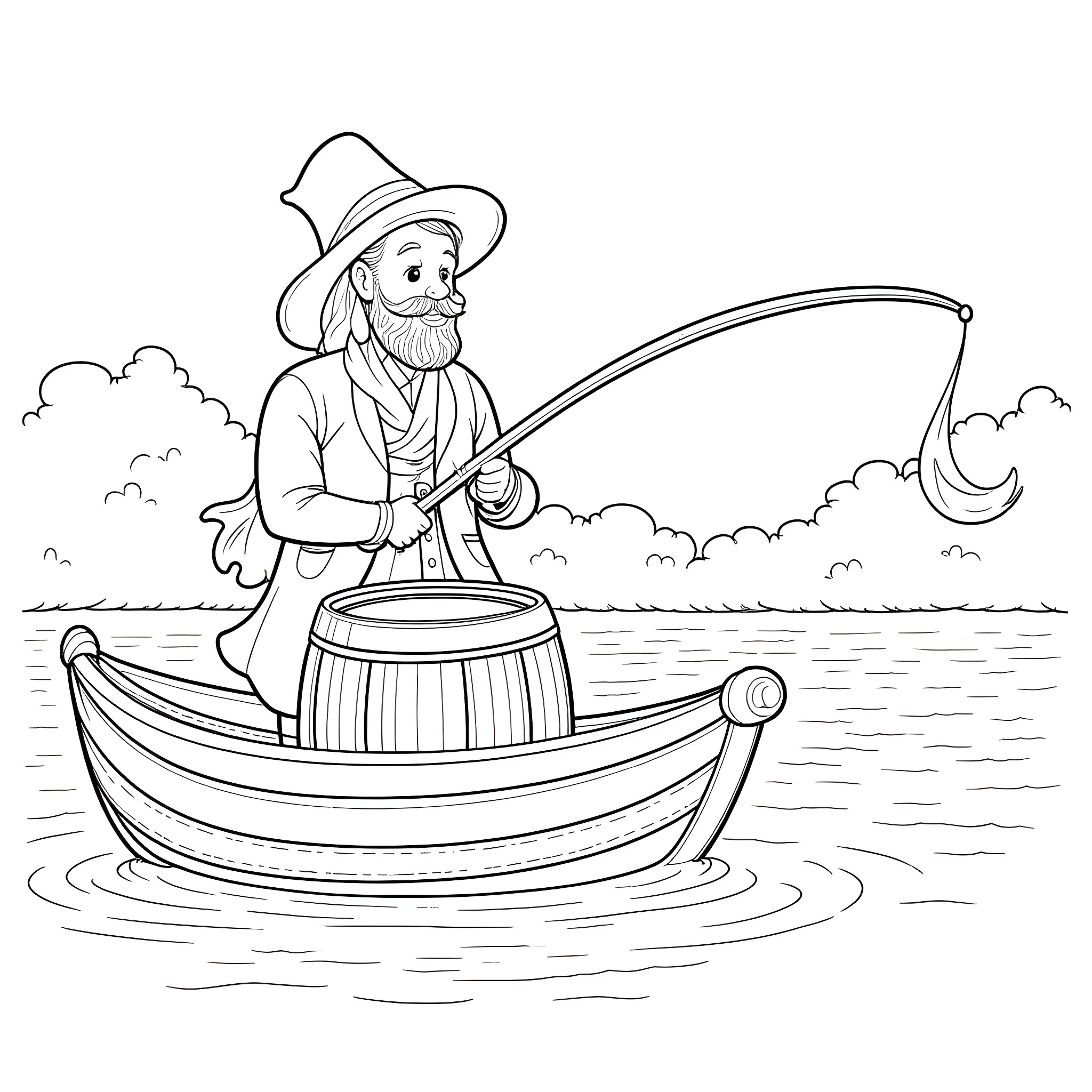 Scotsman fishing calmly on a boat in the lake Coloring Page (free black-and-white line drawing printable PDF for all, from beginners to advanced learners, including children, teens, adults, and seniors)