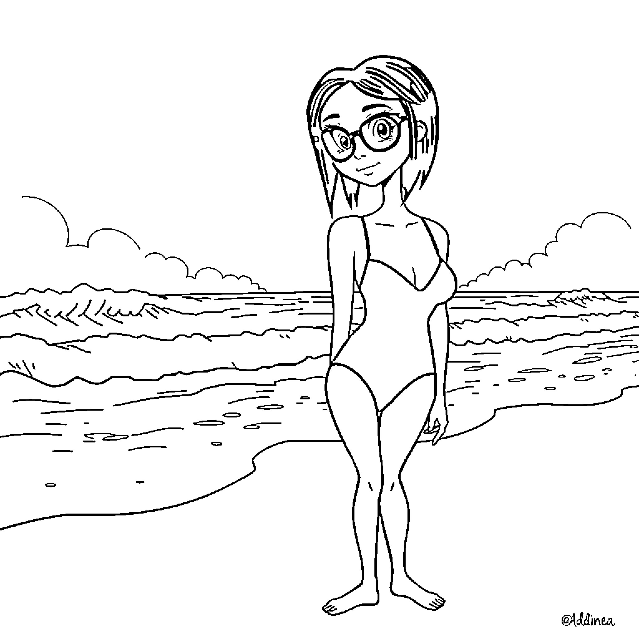 Wednesday Adams enjoying a summer day at the beach Coloring Page (free black-and-white line drawing printable PDF for all, from beginners to advanced learners, including children, teens, adults, and seniors)