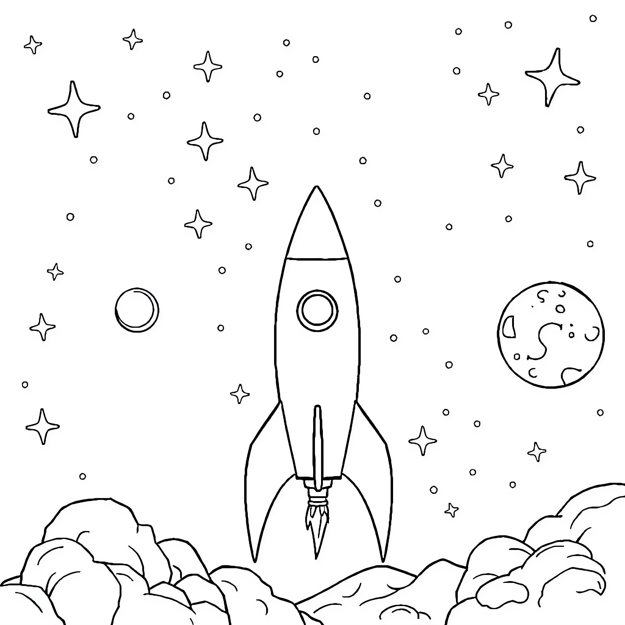 Rocket blasting off into the starry sky Coloring Page (free black-and-white line drawing printable PDF for all, from beginners to advanced learners, including children, teens, adults, and seniors)