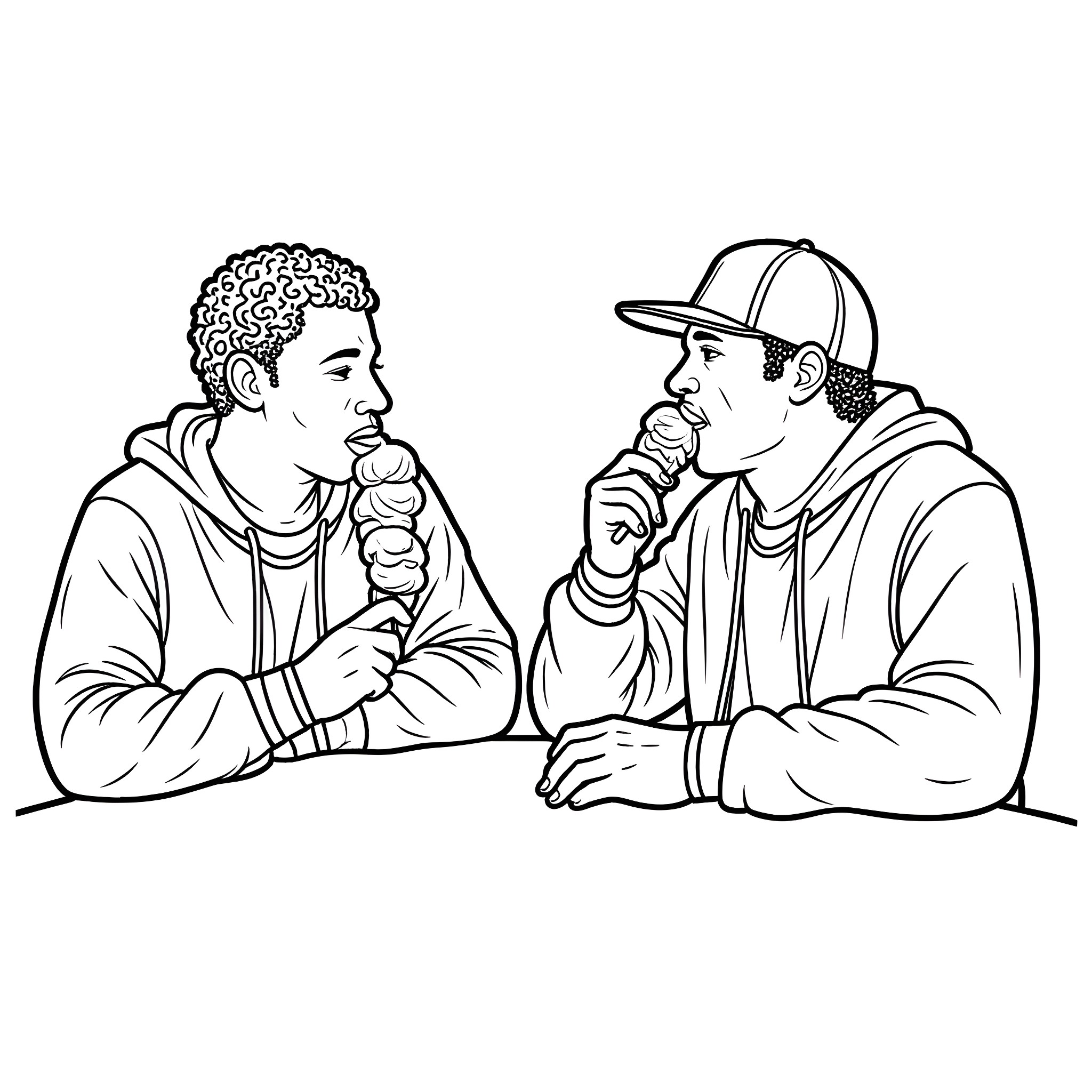 Rapper friends engaged in conversation Coloring Page (free black-and-white line drawing printable PDF for all, from beginners to advanced learners, including children, teens, adults, and seniors)