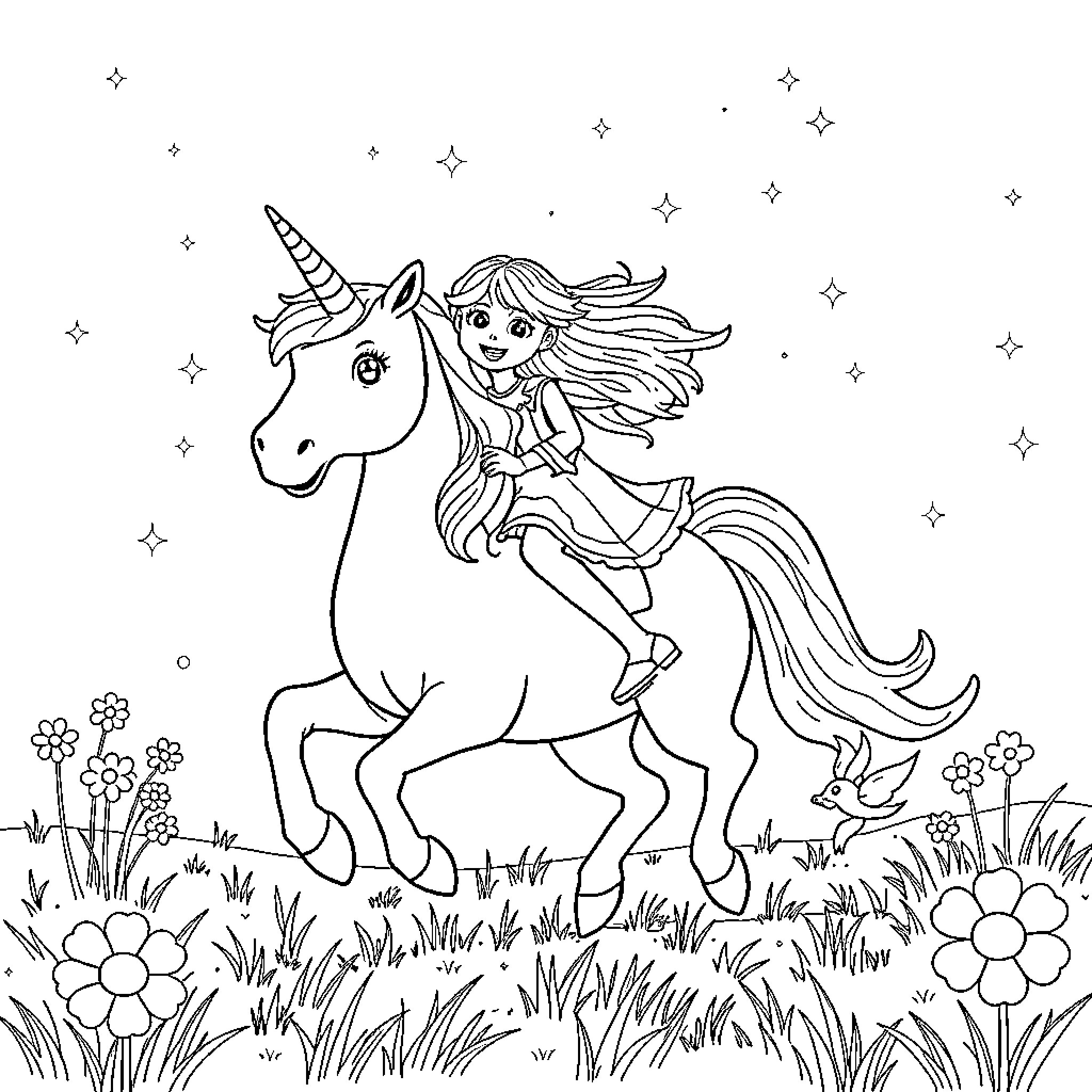 Girl riding magical unicorn in enchanted meadow Coloring Page (free black-and-white line drawing printable PDF for all, from beginners to advanced learners, including children, teens, adults, and seniors)