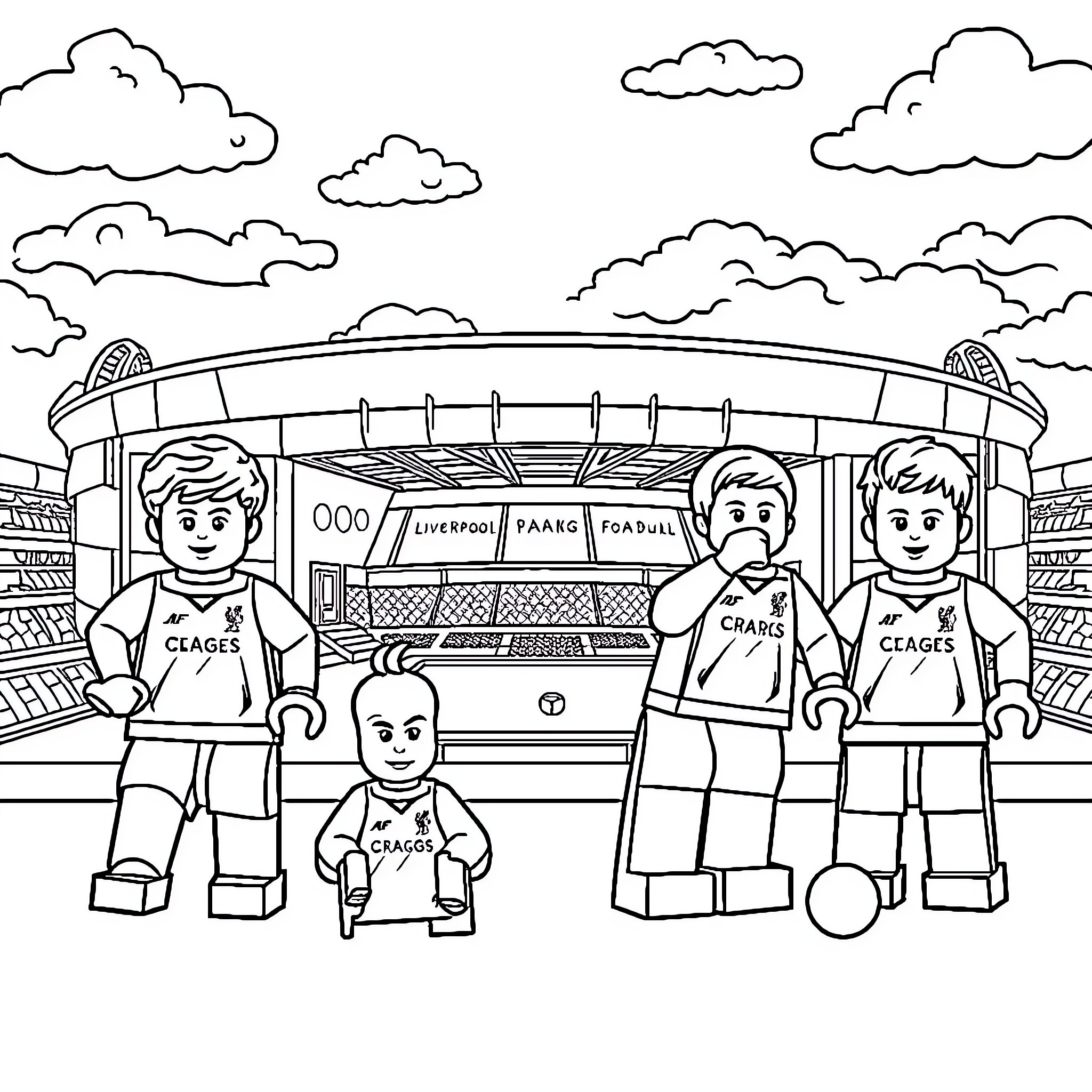 Liverpool Fans Excited for Football Match at the Stadium Coloring Page (free black-and-white line drawing printable PDF for all, from beginners to advanced learners, including children, teens, adults, and seniors)