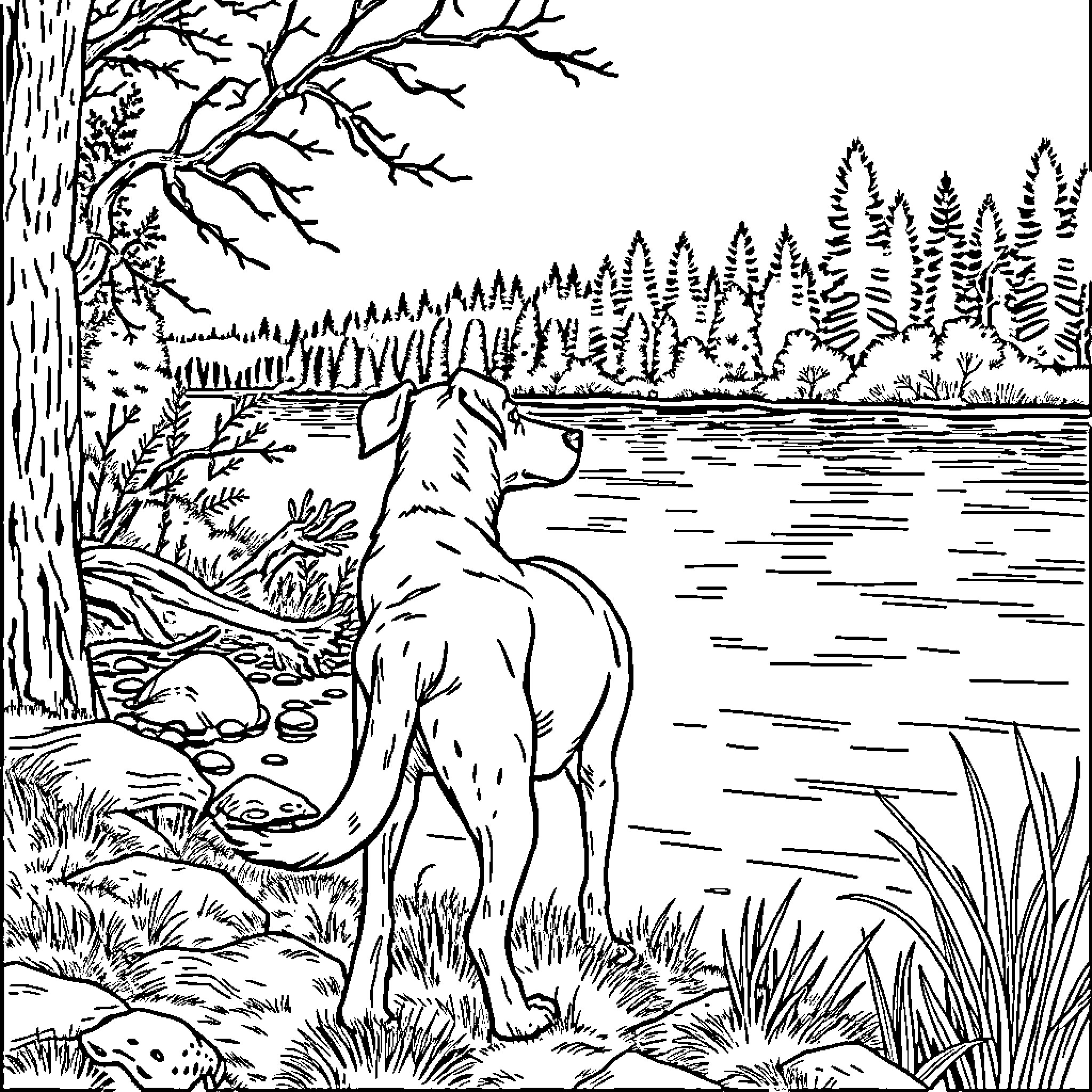 Dog exploring scenic lakeside landscape Coloring Page (free black-and-white line drawing printable PDF for all, from beginners to advanced learners, including children, teens, adults, and seniors)