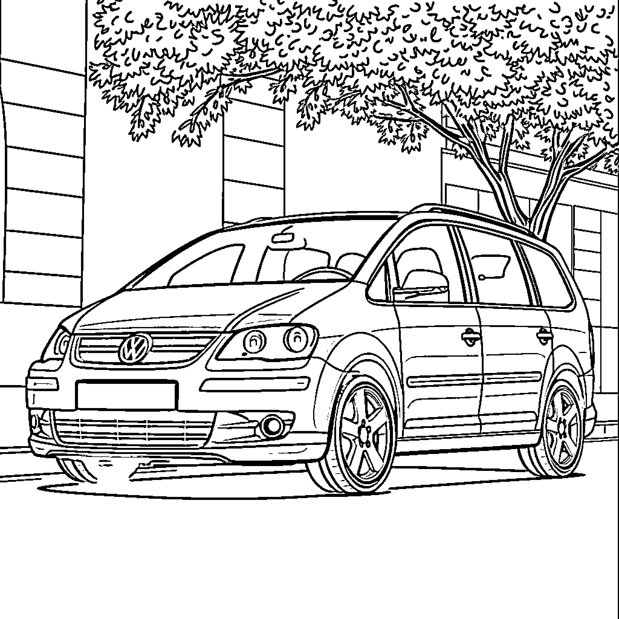 Volkswagen parked under the tree in front of building Coloring Page (free black-and-white line drawing printable PDF for all, from beginners to advanced learners, including children, teens, adults, and seniors)