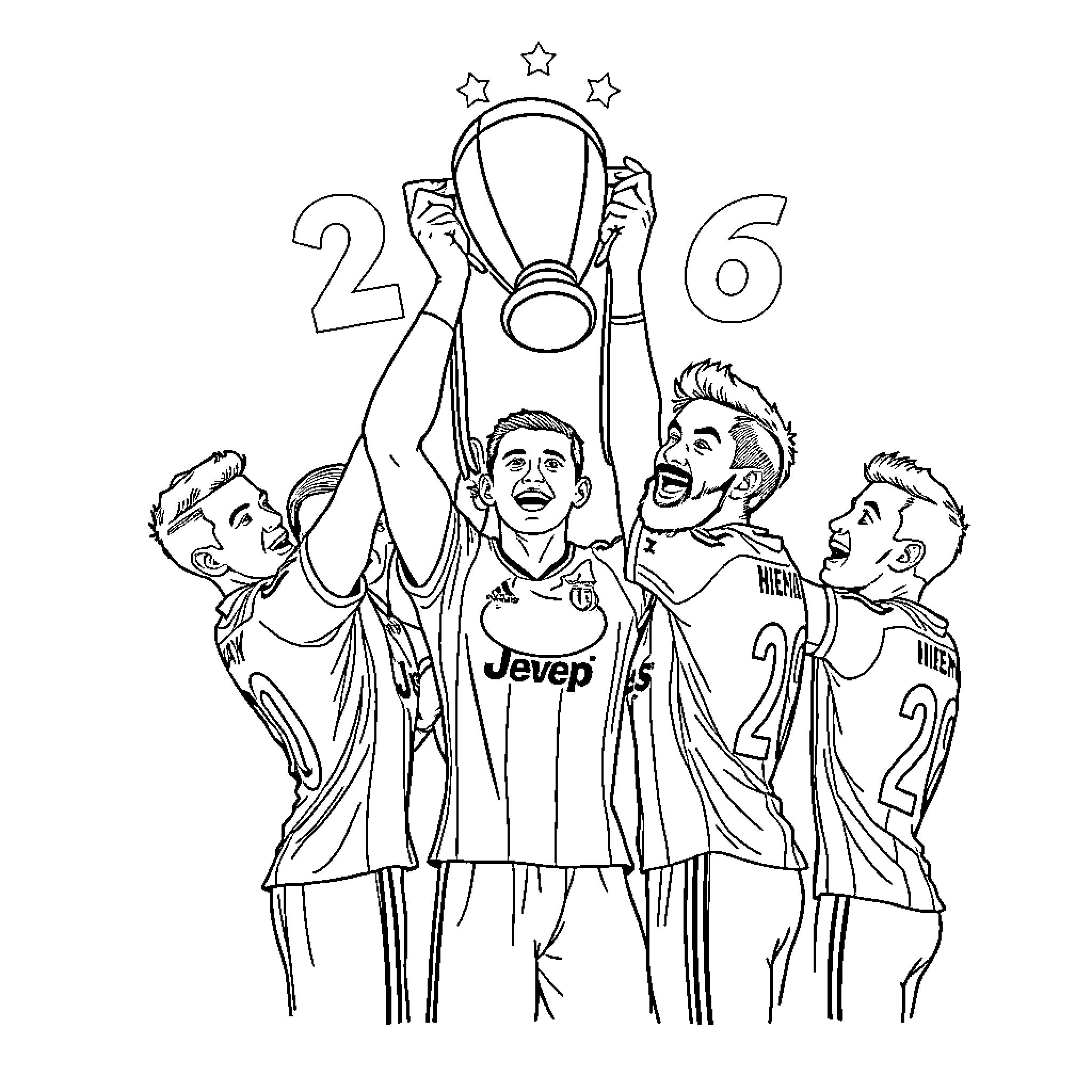 Juventus players celebrating championship trophy win Coloring Page (free black-and-white line drawing printable PDF for all, from beginners to advanced learners, including children, teens, adults, and seniors)