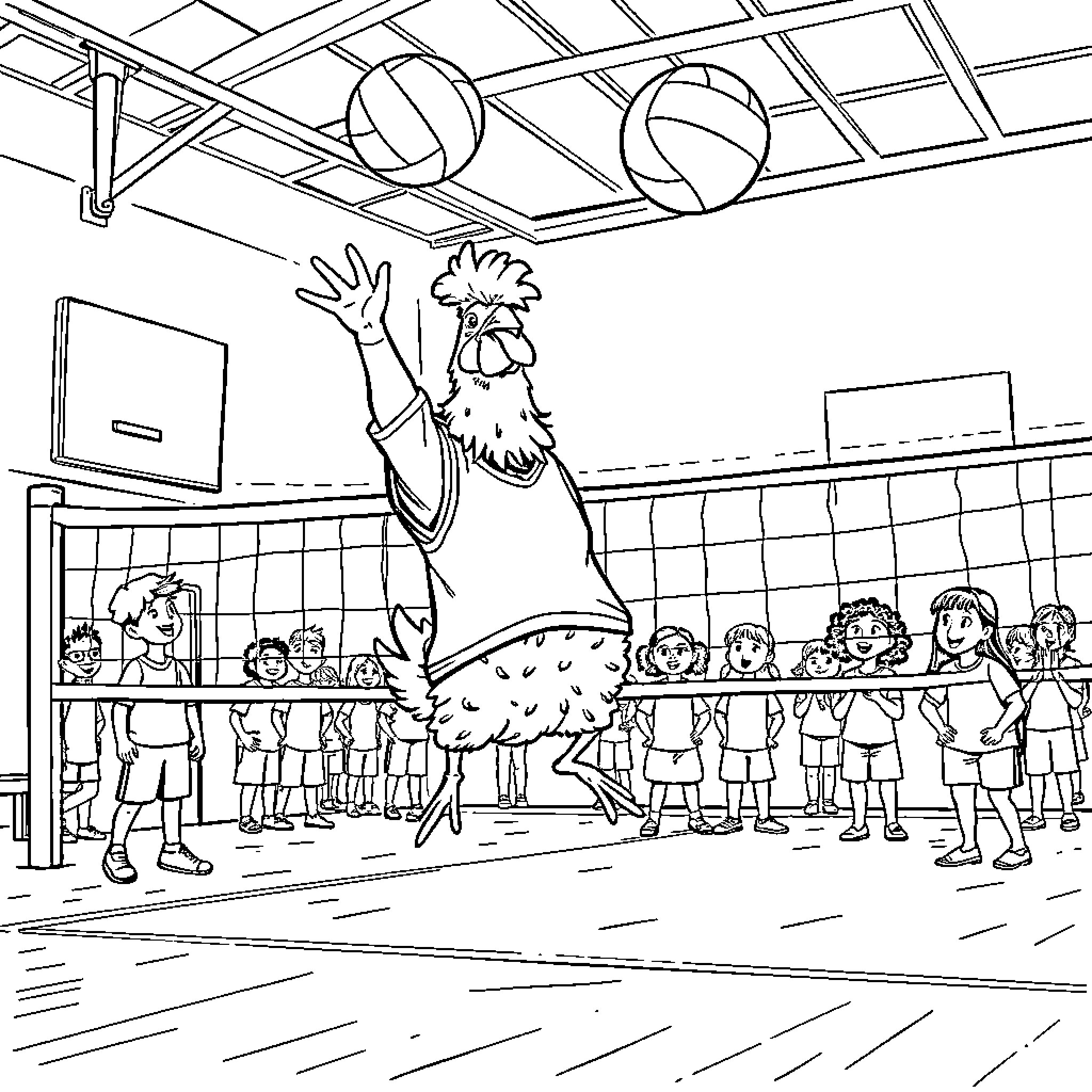 Chicken player spiking a volleyball in gym Coloring Page (free black-and-white line drawing printable PDF for all, from beginners to advanced learners, including children, teens, adults, and seniors)