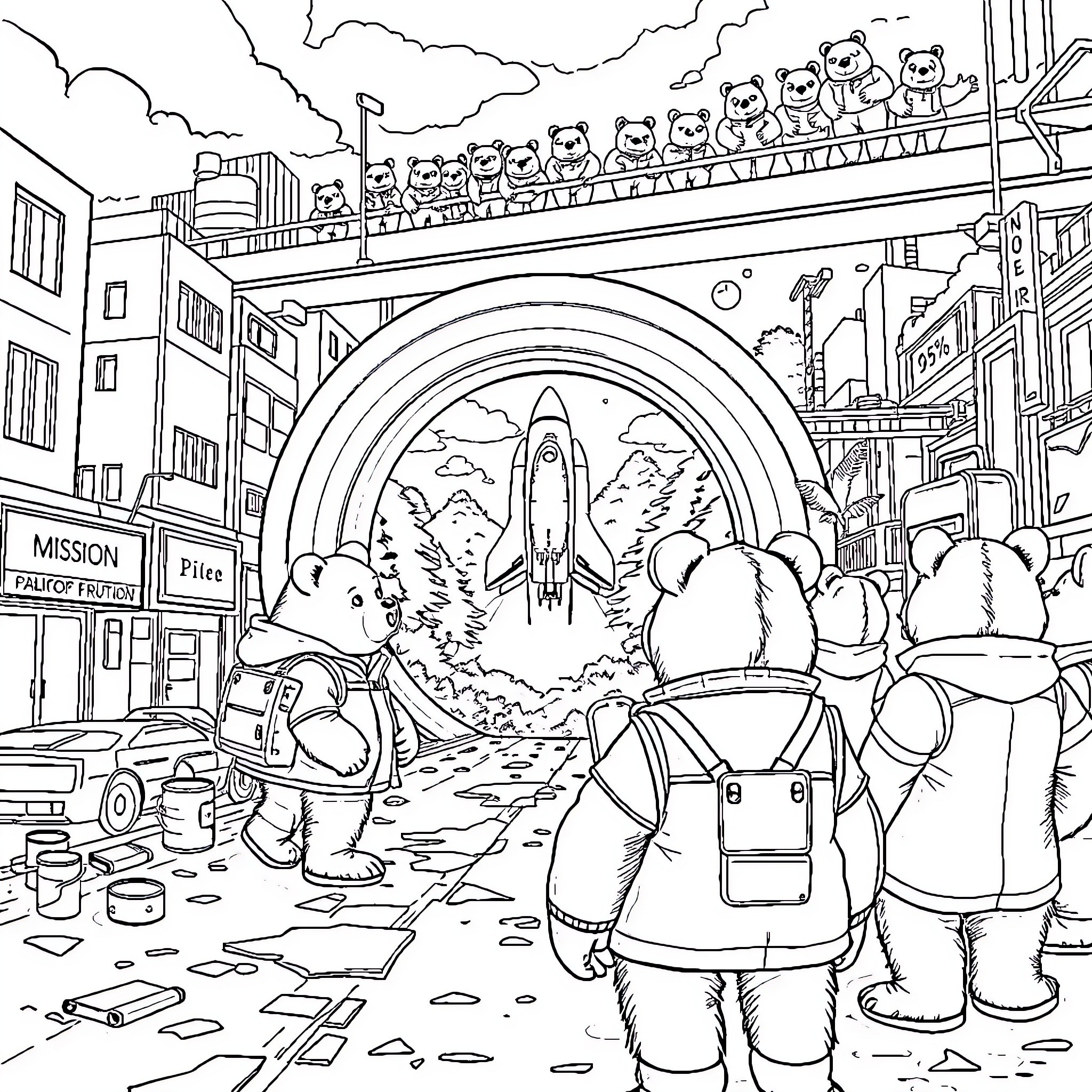 Bear Astronauts Explore Futuristic City Coloring Page (free black-and-white line drawing printable PDF for all, from beginners to advanced learners, including children, teens, adults, and seniors)