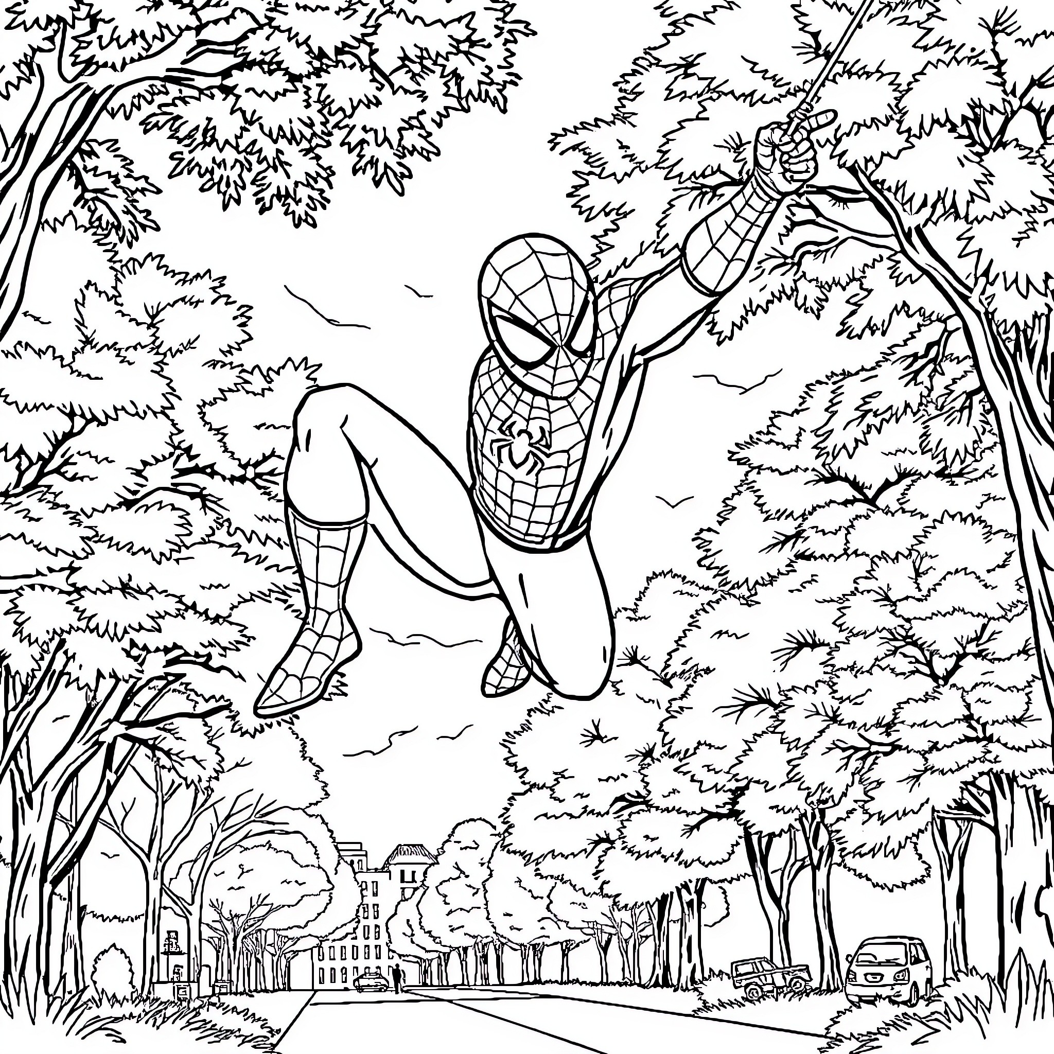 Spiderman swinging through the city's lush greenery Coloring Page (free black-and-white line drawing printable PDF for all, from beginners to advanced learners, including children, teens, adults, and seniors)