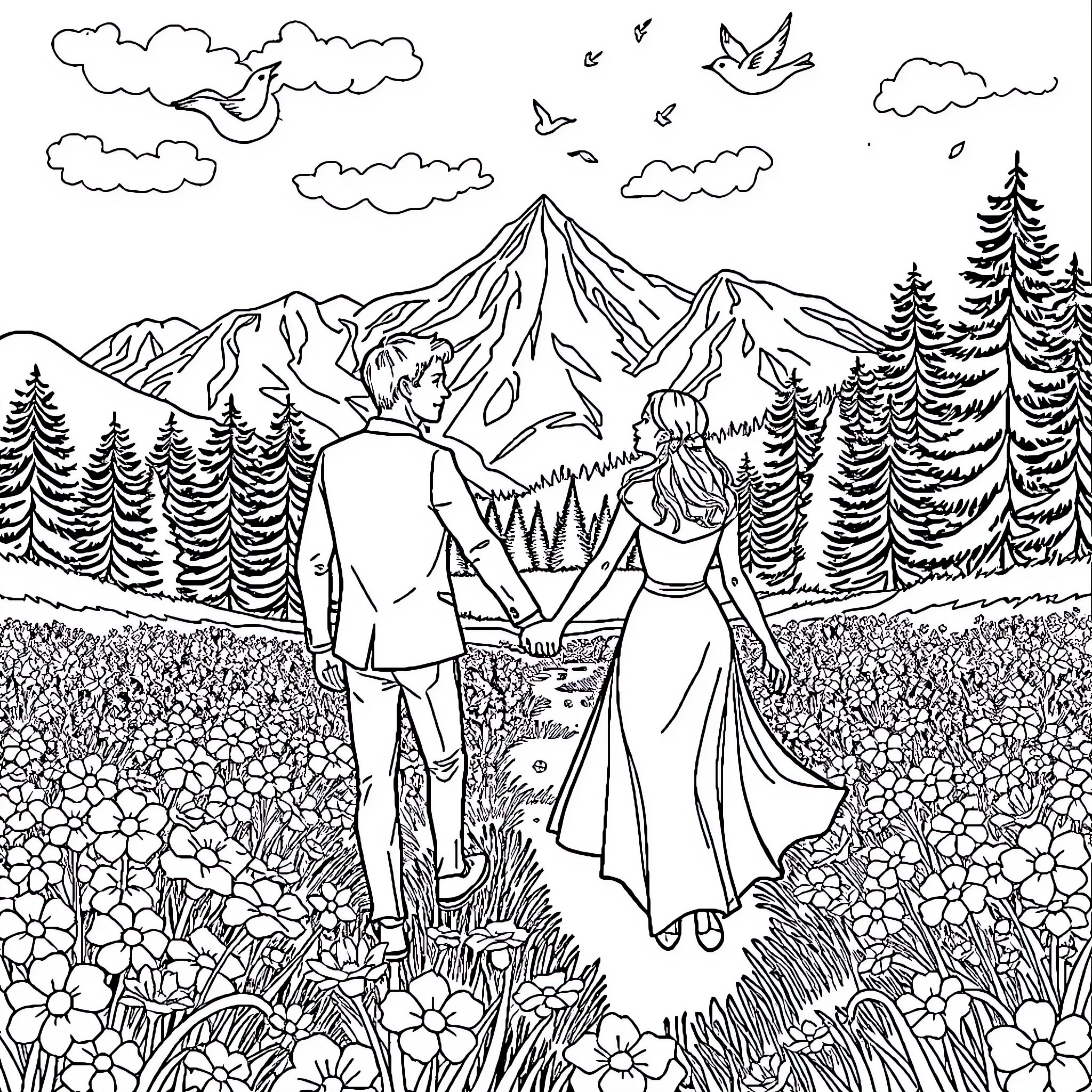 Couple in a scenic mountain landscape Coloring Page (free black-and-white line drawing printable PDF for all, from beginners to advanced learners, including children, teens, adults, and seniors)