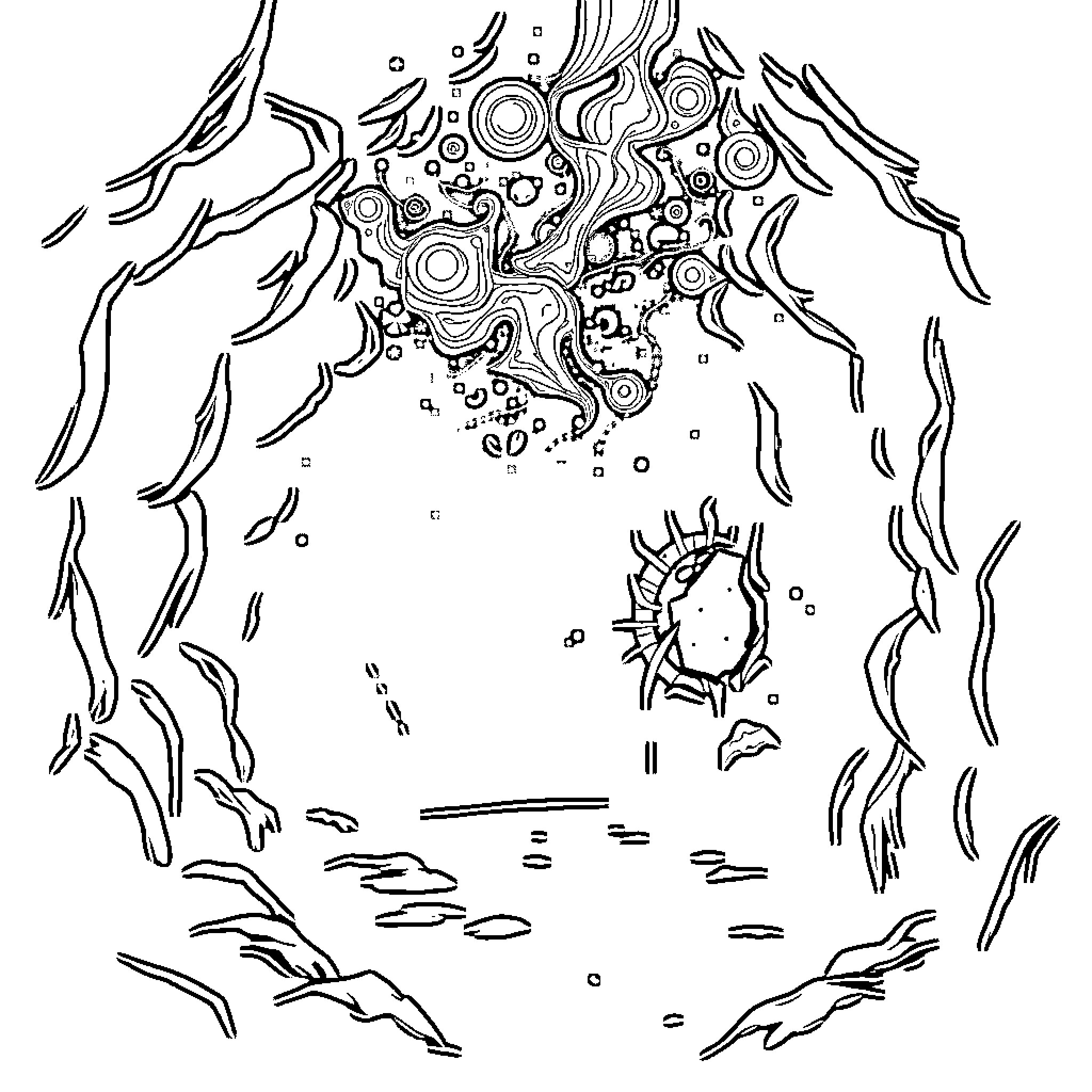 Espace Aquatic Life Exploration Coloring Page (free black-and-white line drawing printable PDF for all, from beginners to advanced learners, including children, teens, adults, and seniors)