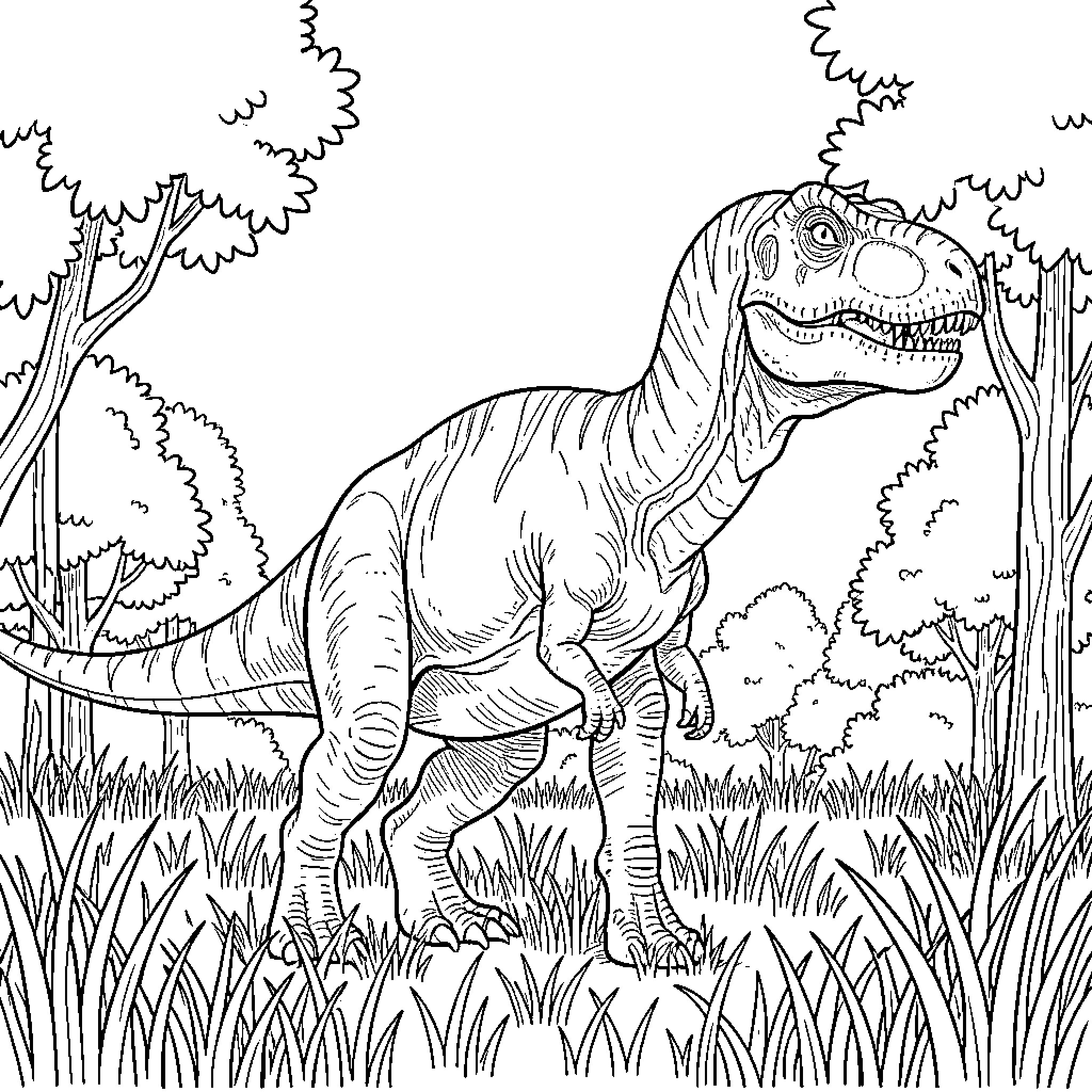 Dinosaur in prehistoric forest environment Coloring Page (free black-and-white line drawing printable PDF for all, from beginners to advanced learners, including children, teens, adults, and seniors)