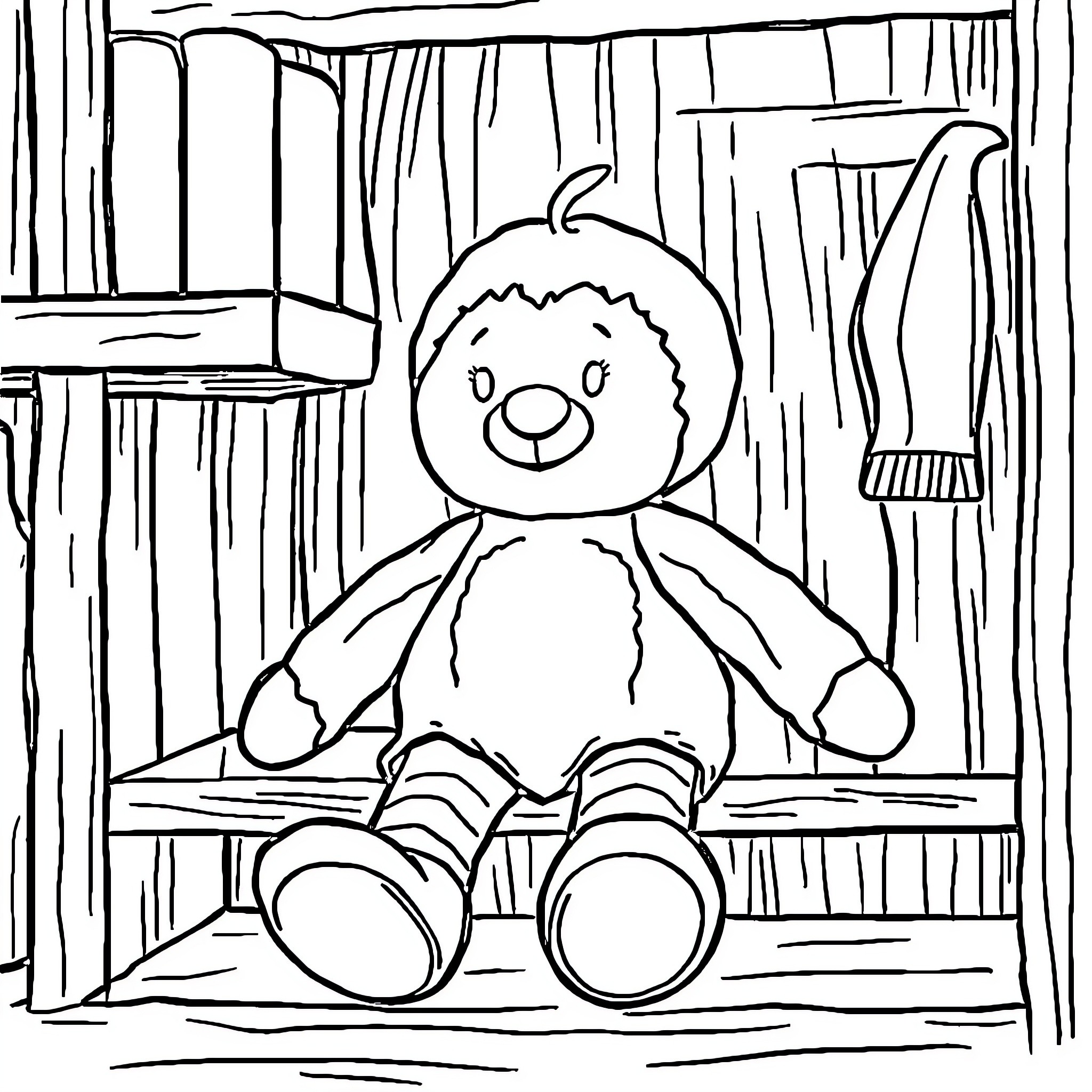 Boneka stuffed animal sitting on a wooden shelf Coloring Page (free black-and-white line drawing printable PDF for all, from beginners to advanced learners, including children, teens, adults, and seniors)
