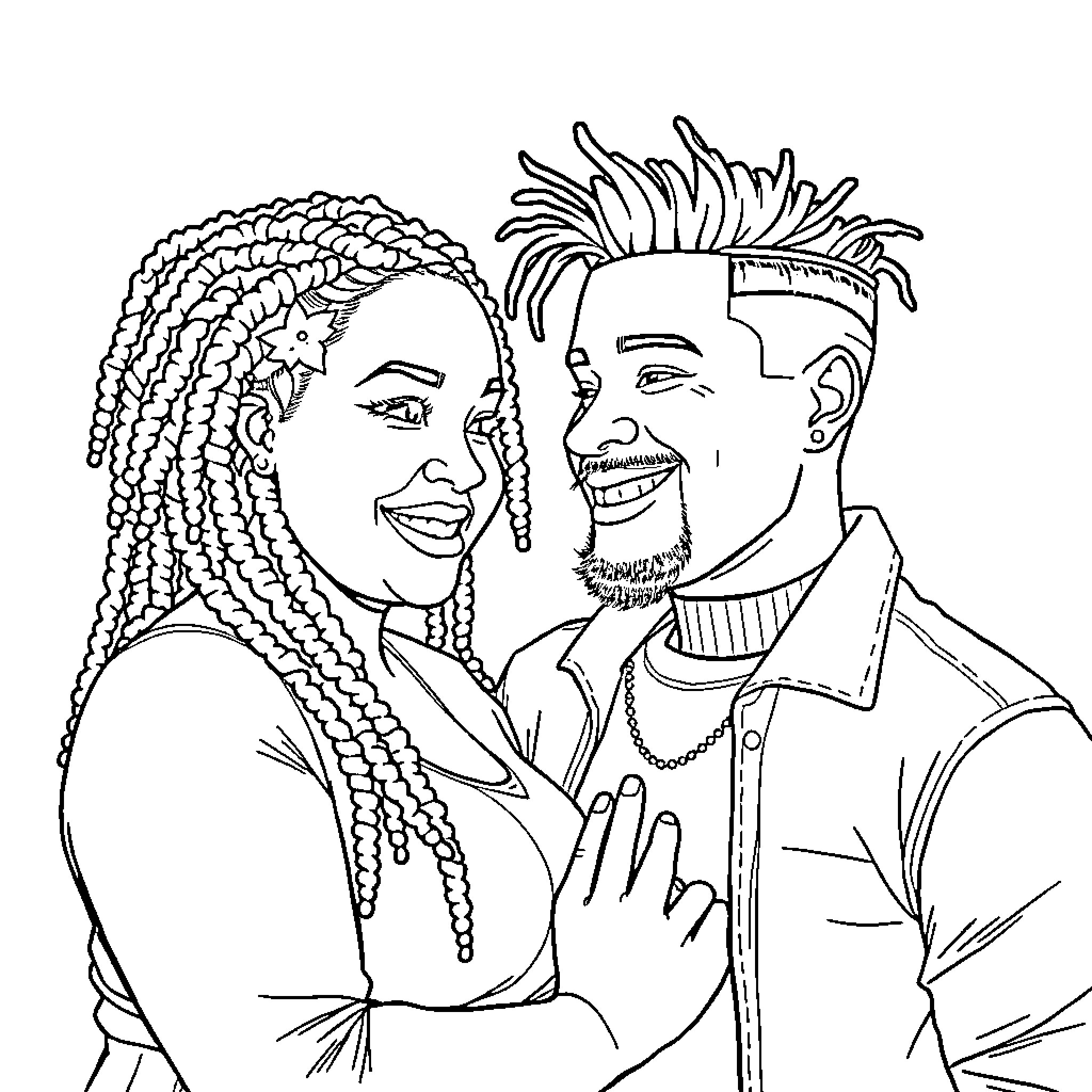 Couple sharing a joyful moment together Coloring Page (free black-and-white line drawing printable PDF for all, from beginners to advanced learners, including children, teens, adults, and seniors)