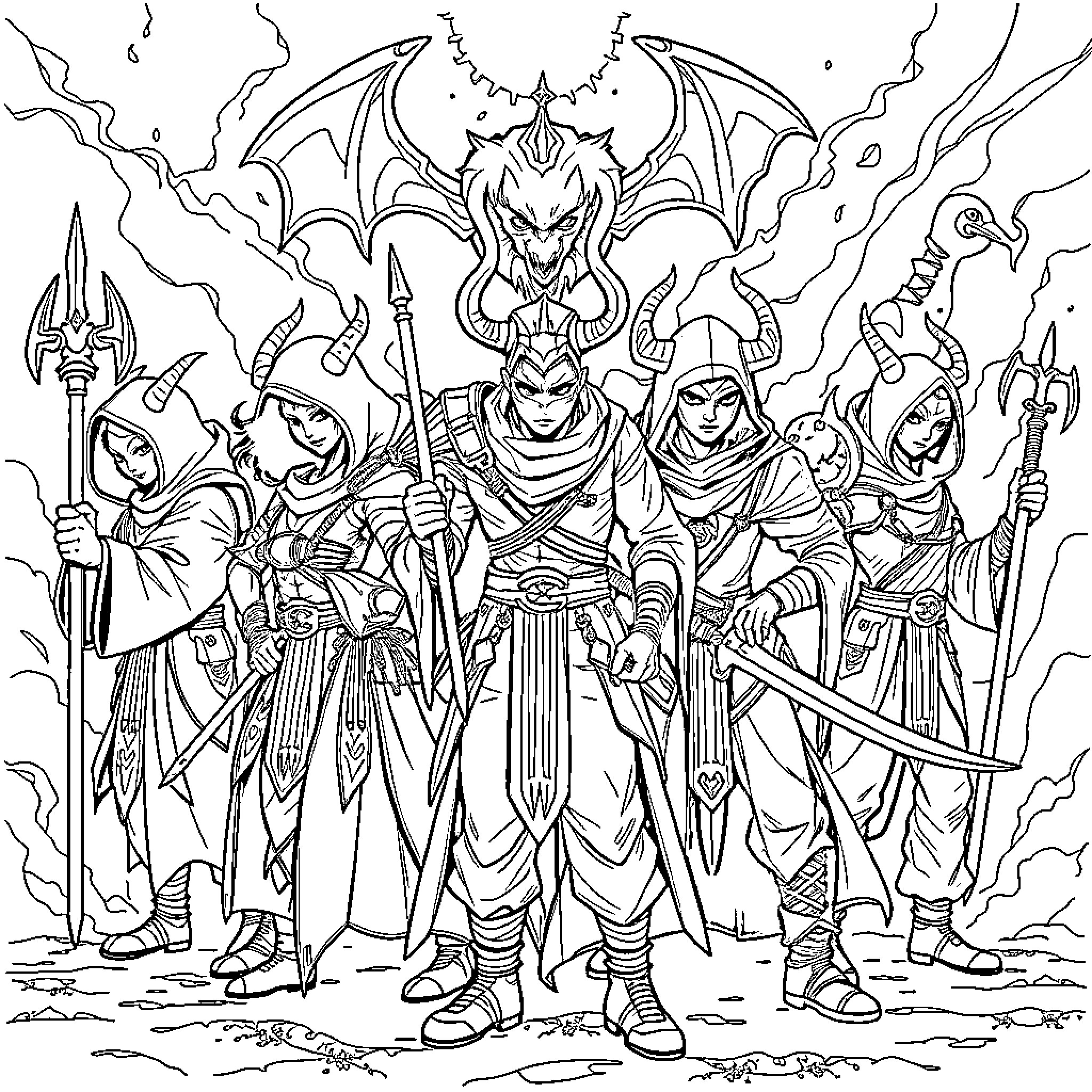 Demon Slayer Warrior Team in Action Coloring Page (free black-and-white line drawing printable PDF for all, from beginners to advanced learners, including children, teens, adults, and seniors)