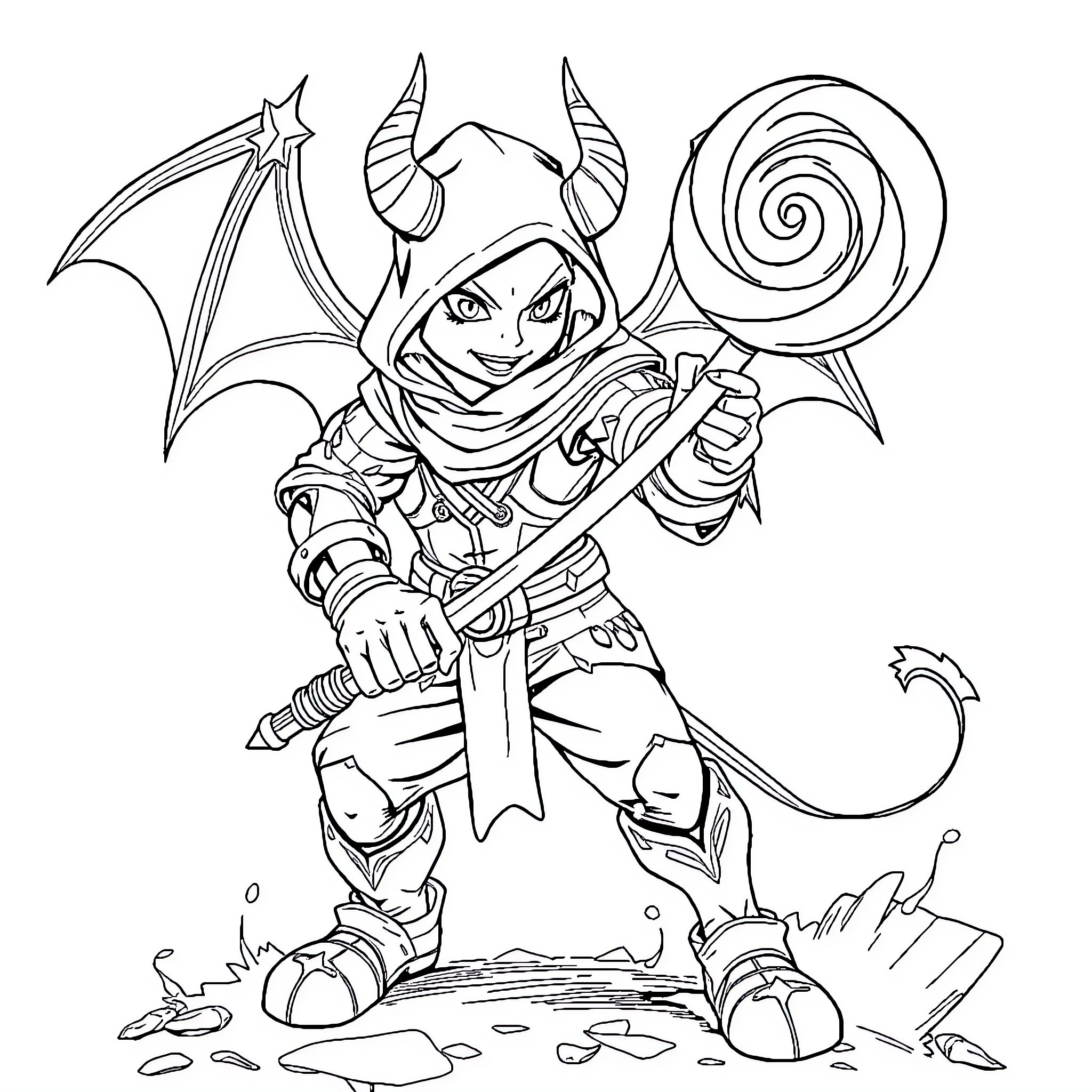 Demon Hunter Wielding Otherworldly Weapon Coloring Page (free black-and-white line drawing printable PDF for all, from beginners to advanced learners, including children, teens, adults, and seniors)