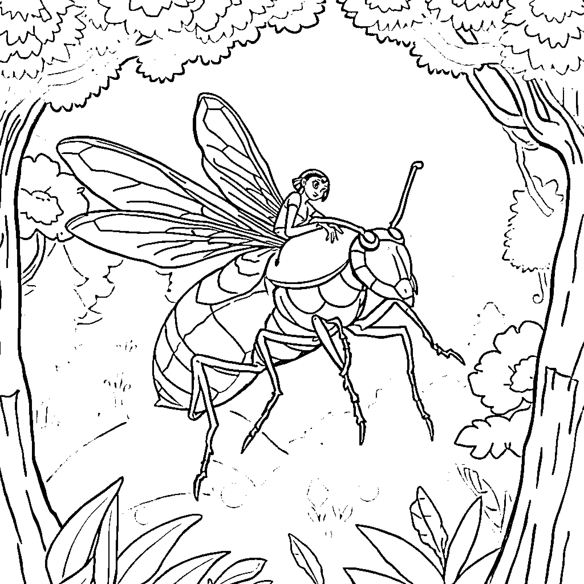 Hornet fairy flying through enchanted forest Coloring Page (free black-and-white line drawing printable PDF for all, from beginners to advanced learners, including children, teens, adults, and seniors)