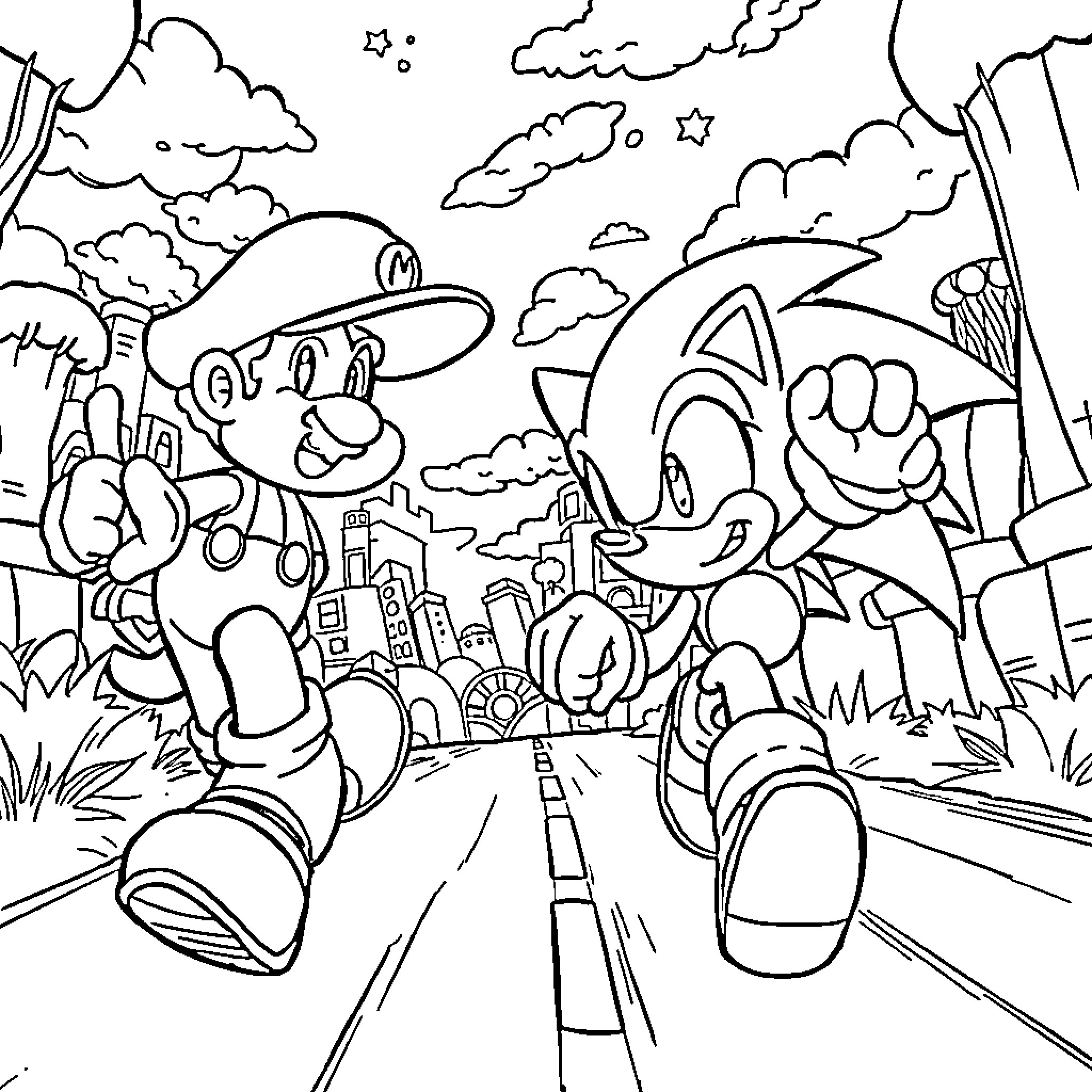 Sonic and Friends Explore a Vibrant Landscape Coloring Page (free black-and-white line drawing printable PDF for all, from beginners to advanced learners, including children, teens, adults, and seniors)