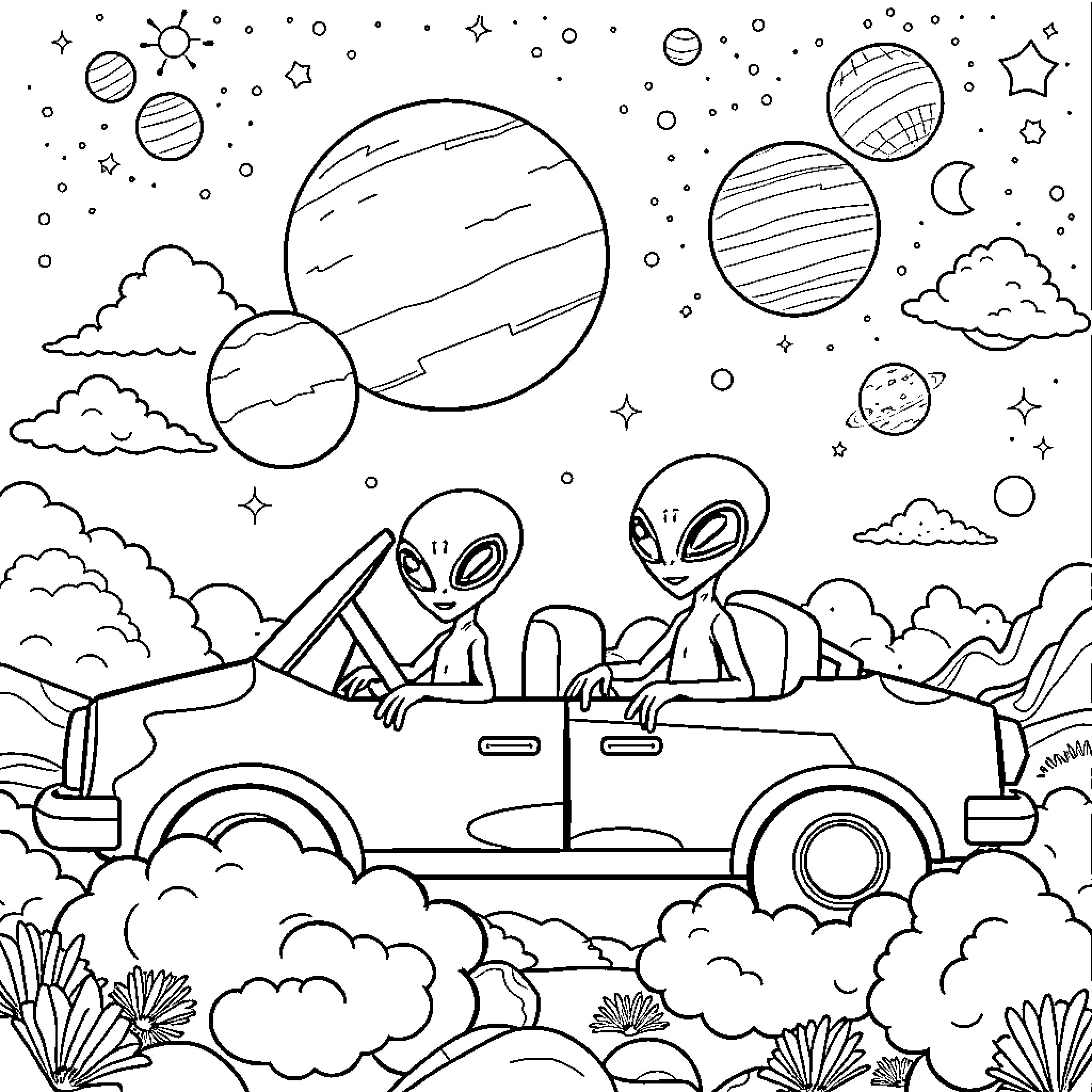 Alien Explorers in a Cosmic Convertible Coloring Page (free black-and-white line drawing printable PDF for all, from beginners to advanced learners, including children, teens, adults, and seniors)