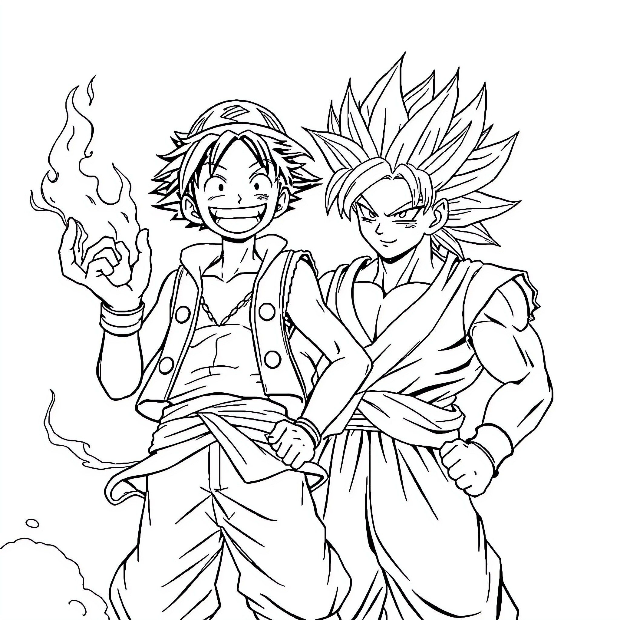 Luffy and Goku in Action Poses Coloring Page (free black-and-white line drawing printable PDF for all, from beginners to advanced learners, including children, teens, adults, and seniors)