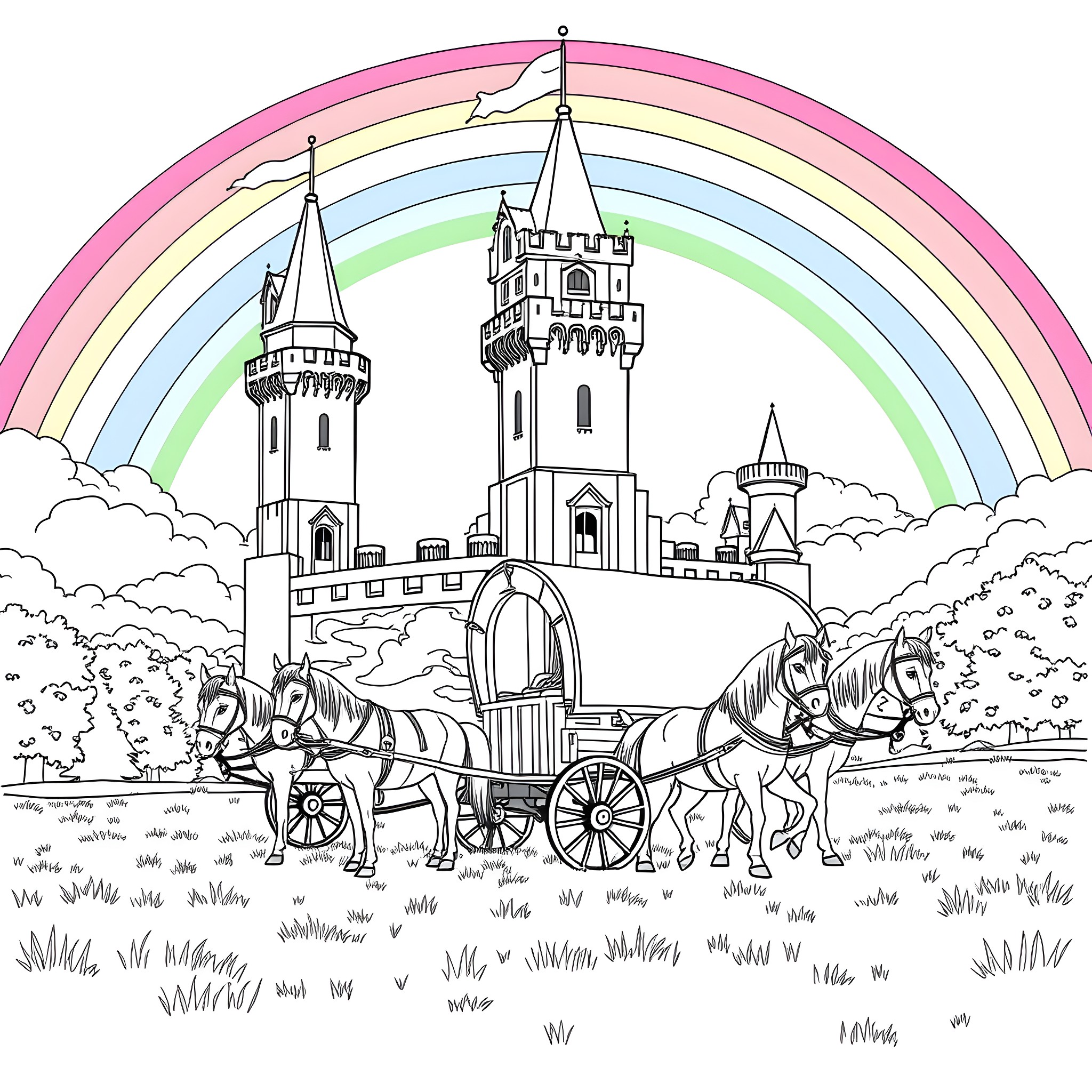 Castle carriage traveling towards the majestic castle Coloring Page (free black-and-white line drawing printable PDF for all, from beginners to advanced learners, including children, teens, adults, and seniors)