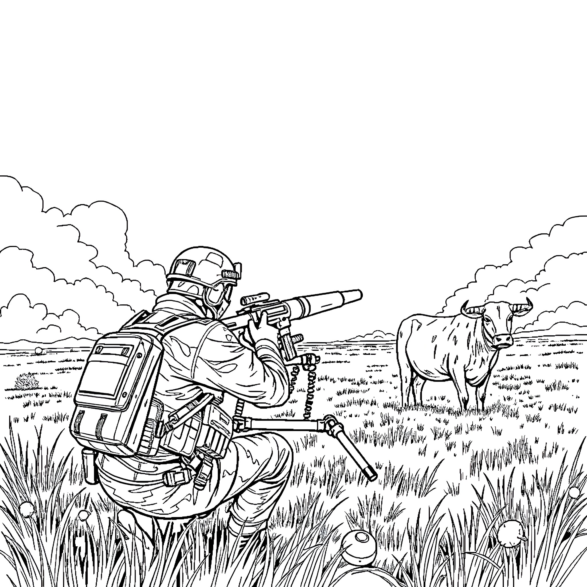 Soldier on patrol in rural countryside Coloring Page (free black-and-white line drawing printable PDF for all, from beginners to advanced learners, including children, teens, adults, and seniors)