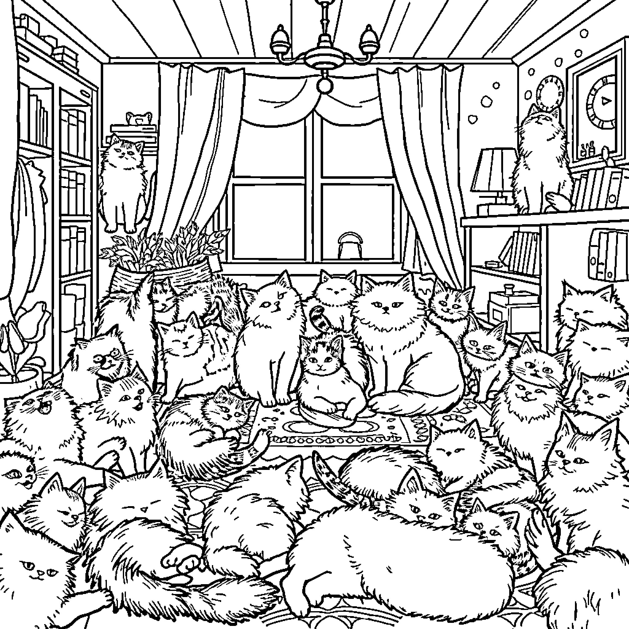 Cat Gathering: Cats in a Cozy Home Coloring Page (free black-and-white line drawing printable PDF for all, from beginners to advanced learners, including children, teens, adults, and seniors)