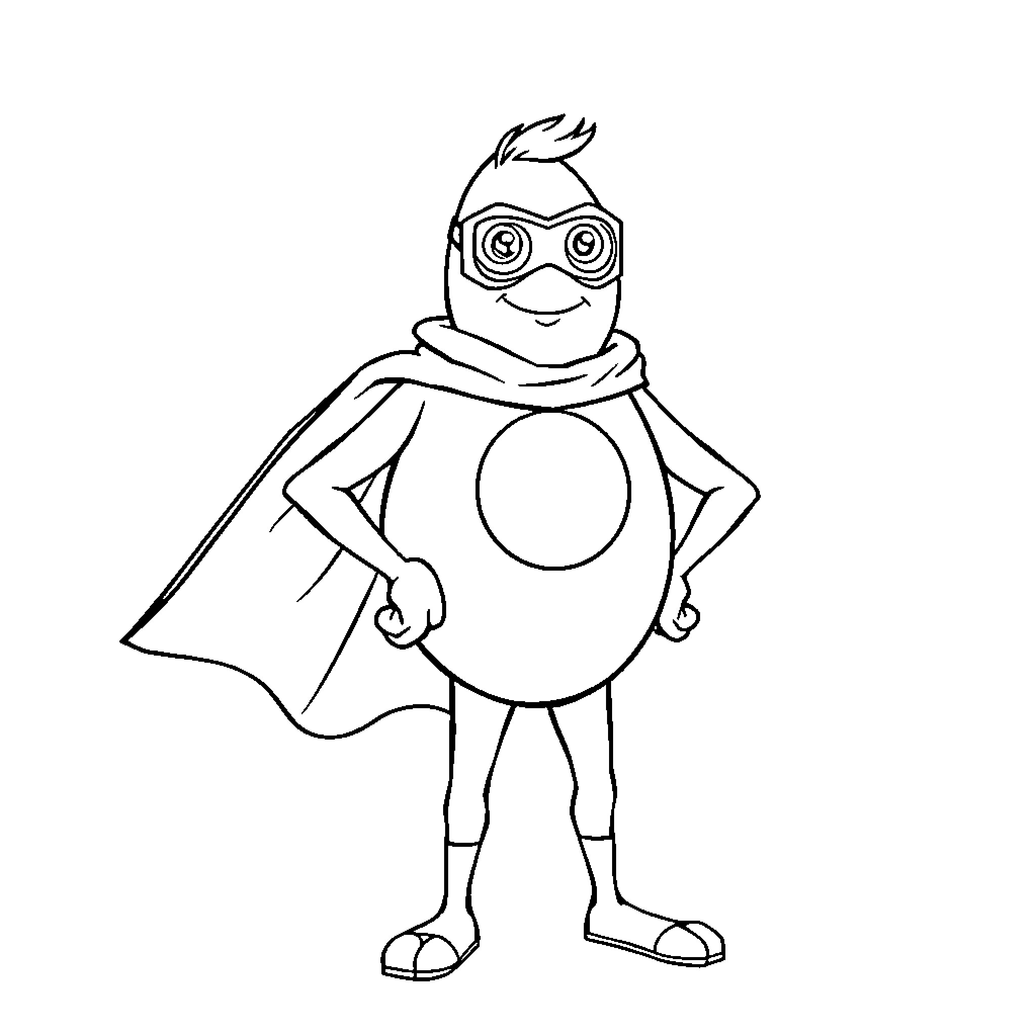 Egg-shaped superhero in costume Coloring Page (free black-and-white line drawing printable PDF for all, from beginners to advanced learners, including children, teens, adults, and seniors)