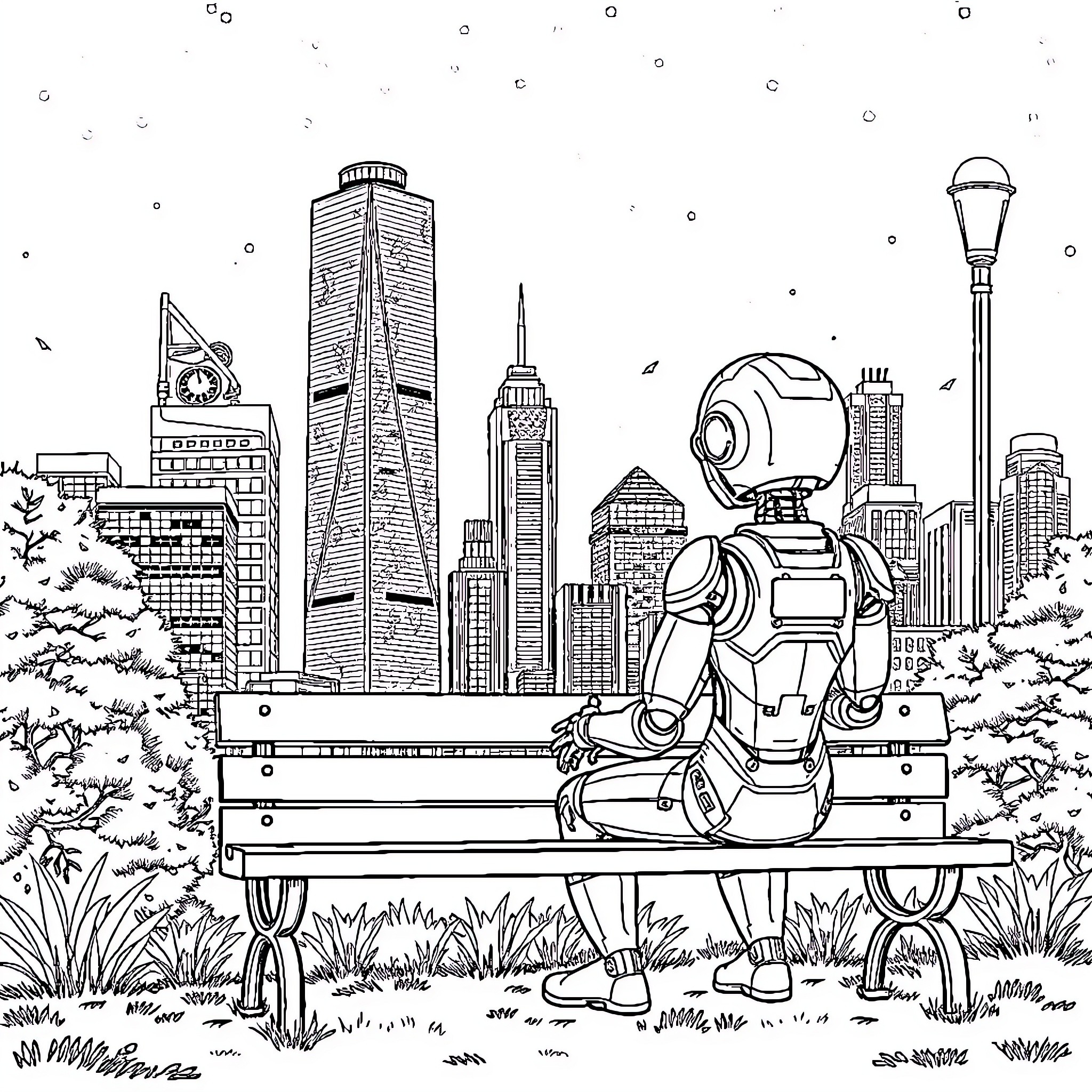 Robot exploring futuristic city landscape Coloring Page (free black-and-white line drawing printable PDF for all, from beginners to advanced learners, including children, teens, adults, and seniors)