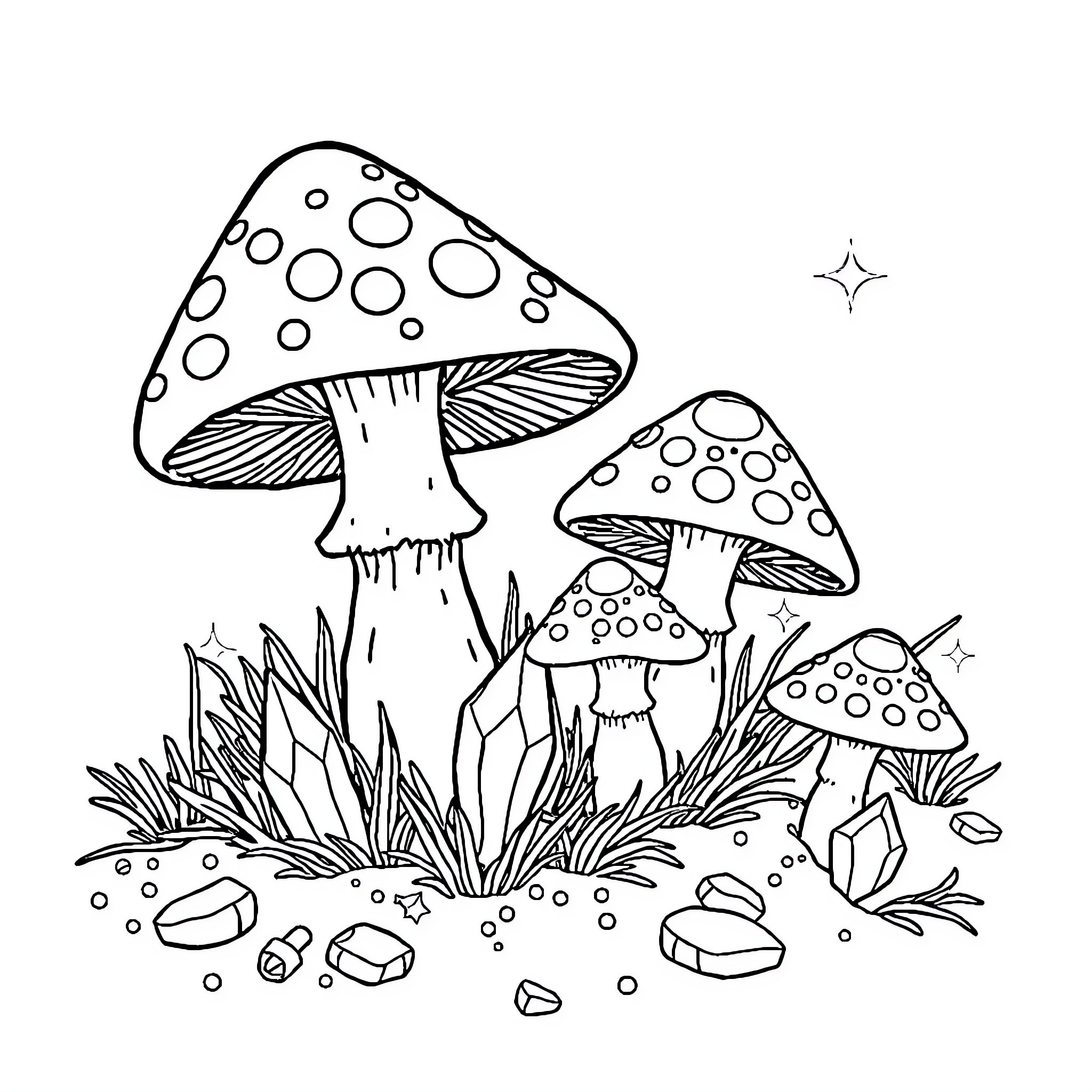 Mushroom Fantasy Scene with Whimsical Fungi Coloring Page (free black-and-white line drawing printable PDF for all, from beginners to advanced learners, including children, teens, adults, and seniors)