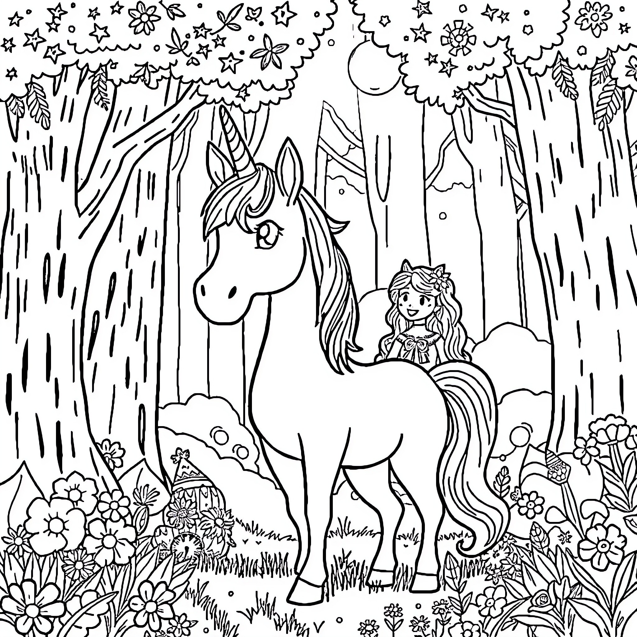 Unicorn enchanting a whimsical forest landscape Coloring Page (free black-and-white line drawing printable PDF for all, from beginners to advanced learners, including children, teens, adults, and seniors)