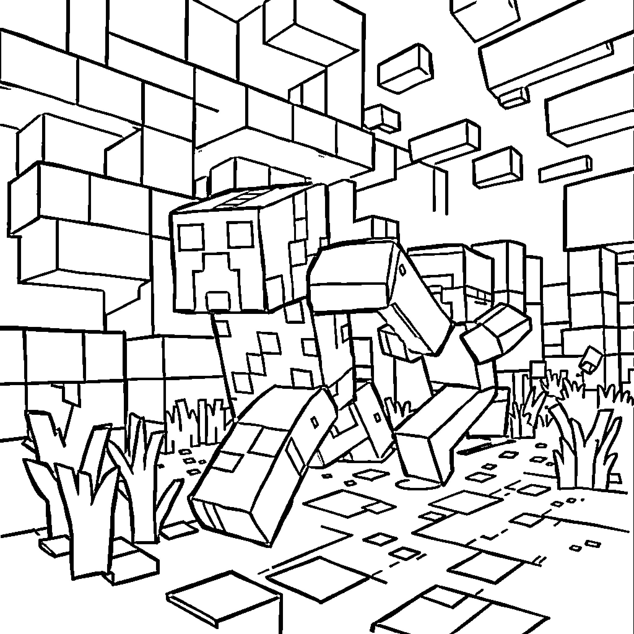 Creeper exploring the abstract cubist landscape Coloring Page (free black-and-white line drawing printable PDF for all, from beginners to advanced learners, including children, teens, adults, and seniors)