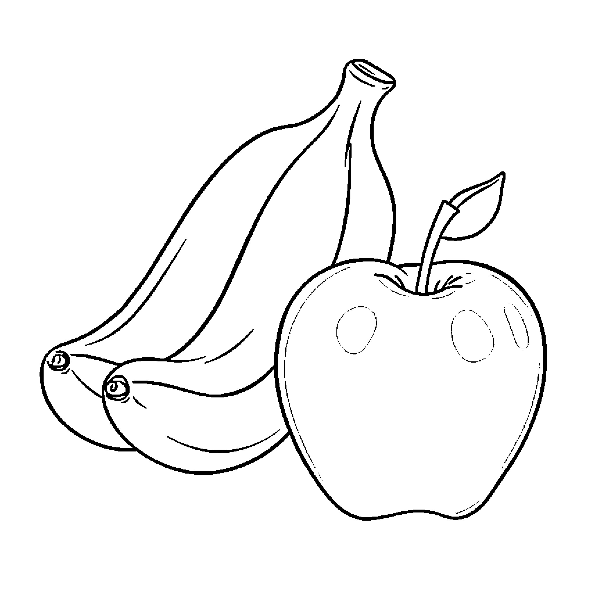 Fruit Illustration with Banana and Apple Coloring Page (free black-and-white line drawing printable PDF for all, from beginners to advanced learners, including children, teens, adults, and seniors)