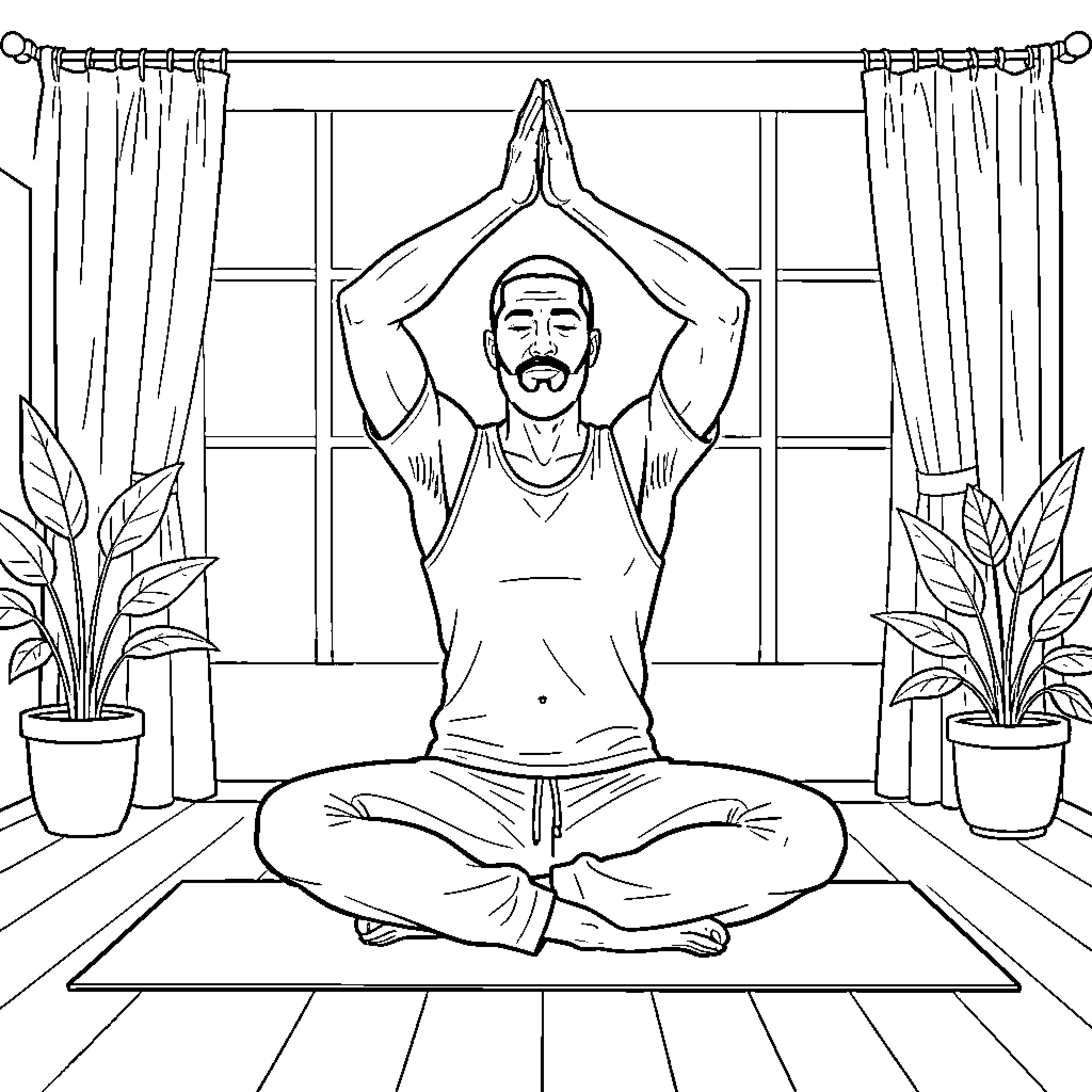 Andrew Tate practicing yoga in a serene room Coloring Page (free black-and-white line drawing printable PDF for all, from beginners to advanced learners, including children, teens, adults, and seniors)