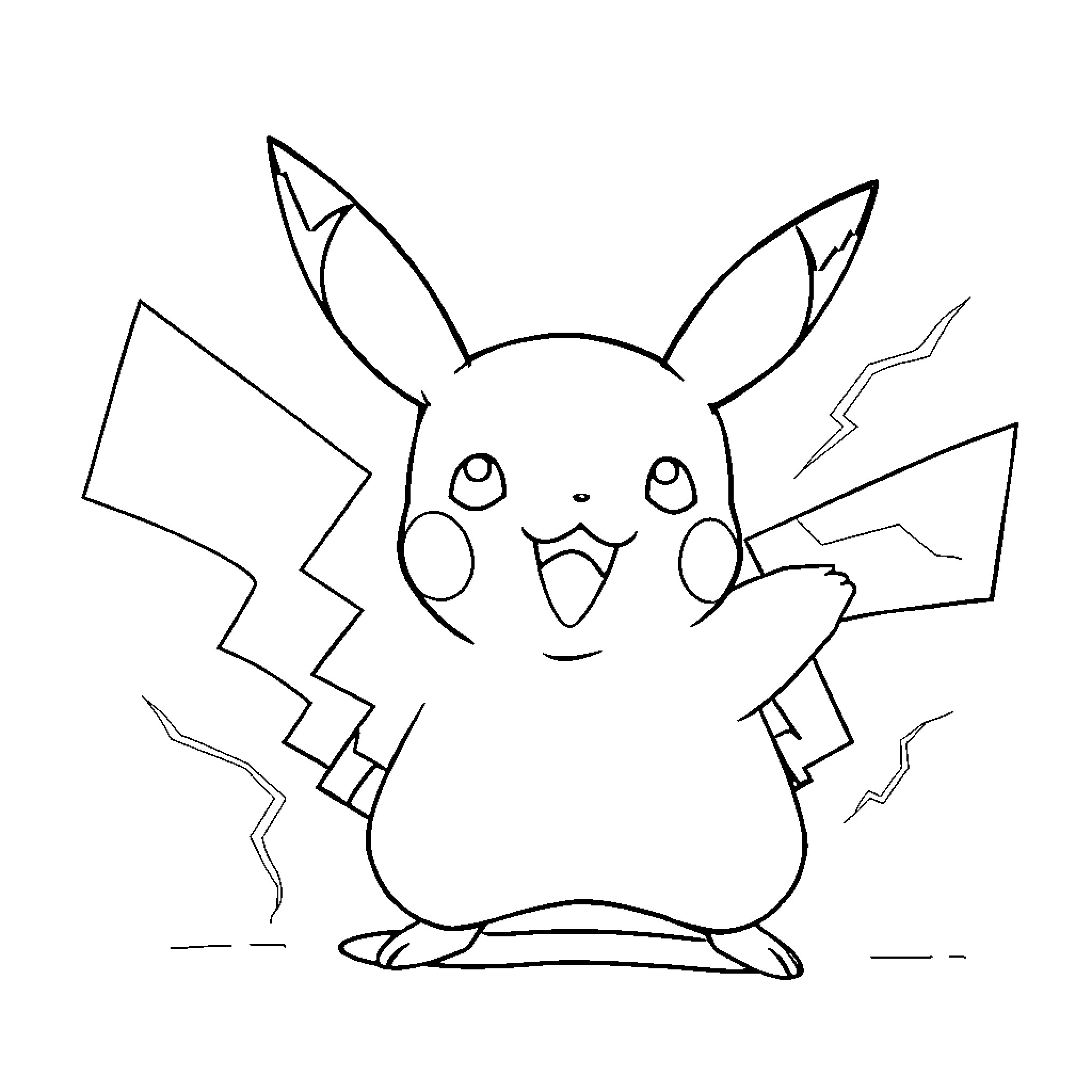 Pikachu happily gesturing with electricity Coloring Page (free black-and-white line drawing printable PDF for all, from beginners to advanced learners, including children, teens, adults, and seniors)