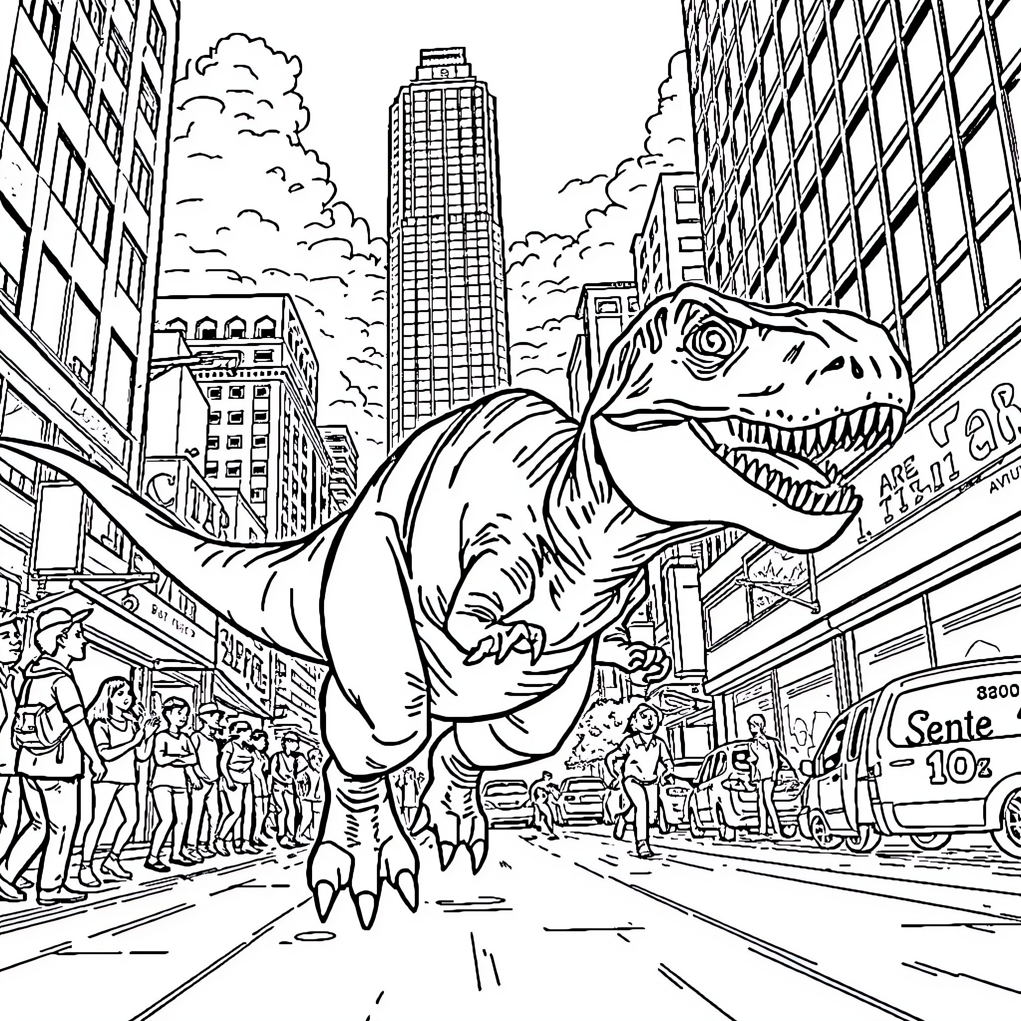 T-Rex Rampaging Through City Streets Coloring Page (free black-and-white line drawing printable PDF for all, from beginners to advanced learners, including children, teens, adults, and seniors)