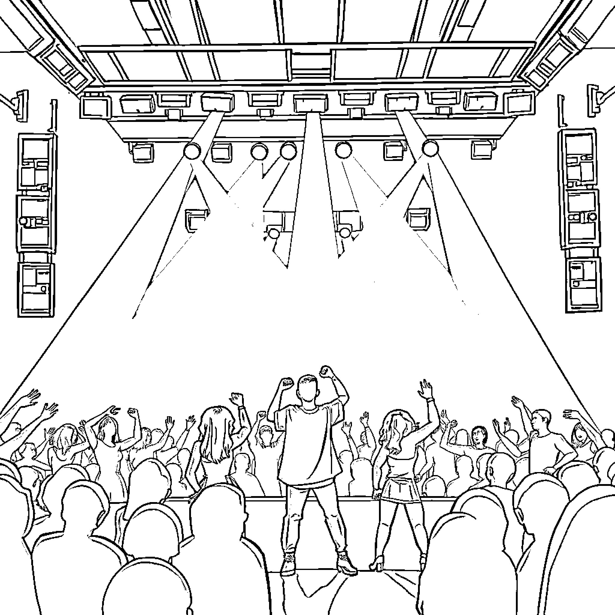 Kpop performers energizing the crowd on stage Coloring Page (free black-and-white line drawing printable PDF for all, from beginners to advanced learners, including children, teens, adults, and seniors)