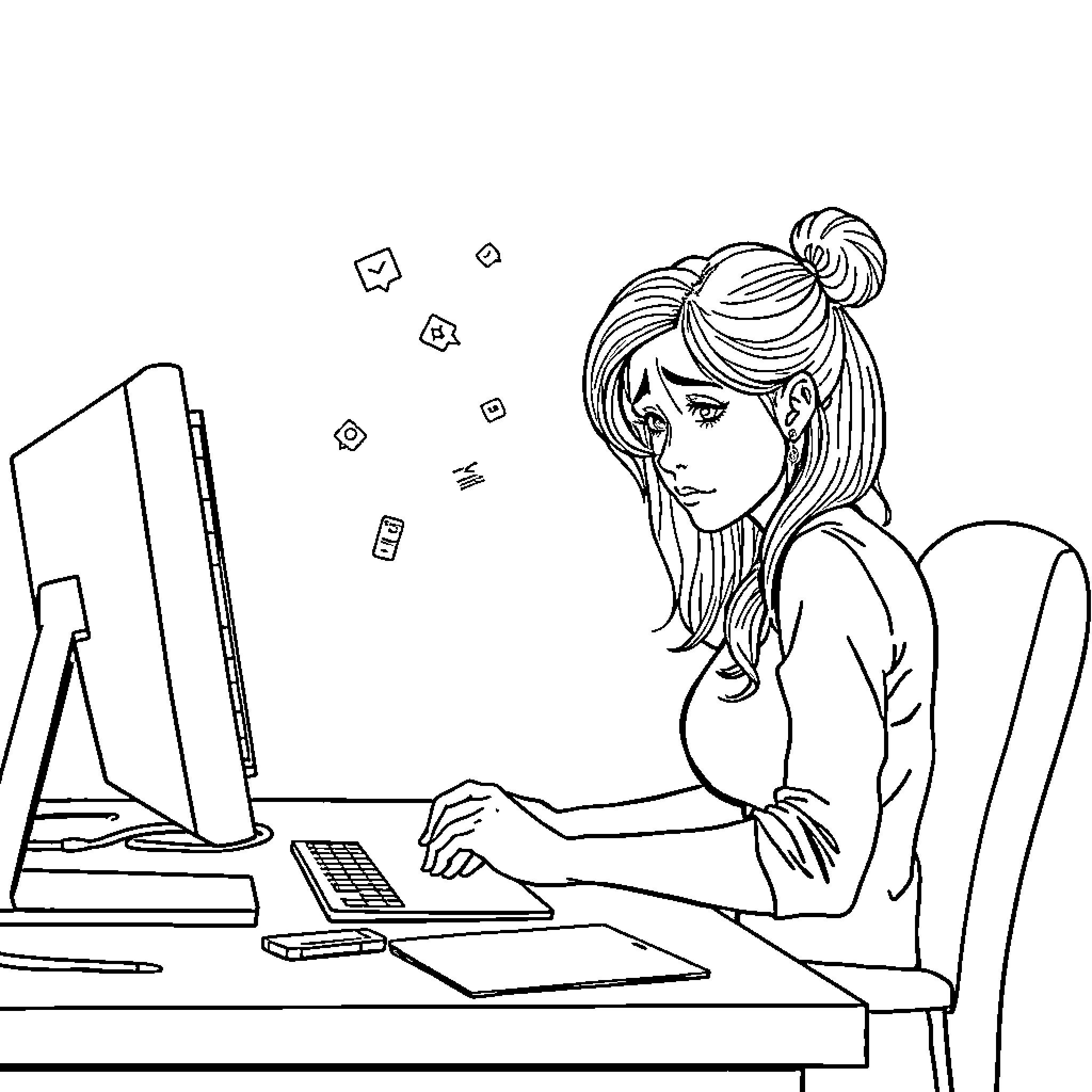 Woman working diligently at computer desk Coloring Page (free black-and-white line drawing printable PDF for all, from beginners to advanced learners, including children, teens, adults, and seniors)