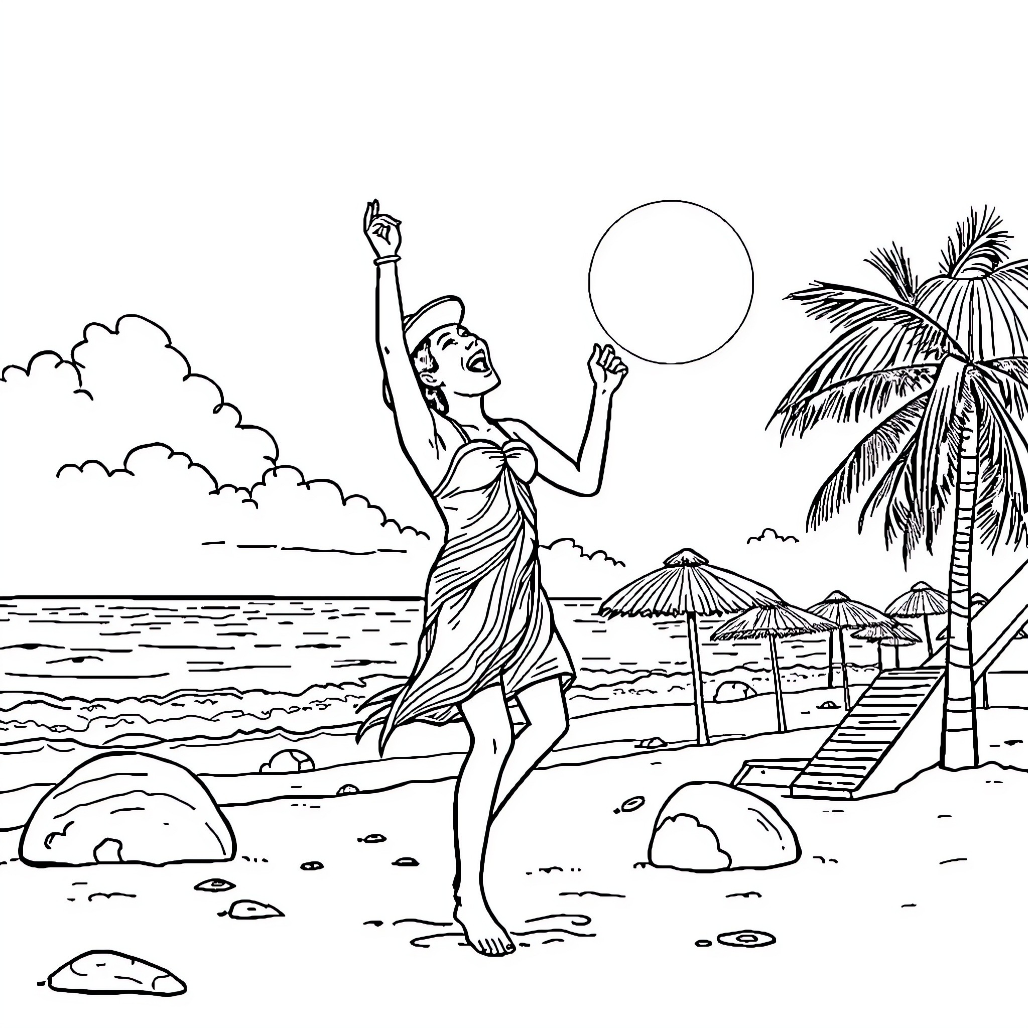 Tralalero: Joyous Figure Celebrating on Tropical Beach Coloring Page (free black-and-white line drawing printable PDF for all, from beginners to advanced learners, including children, teens, adults, and seniors)