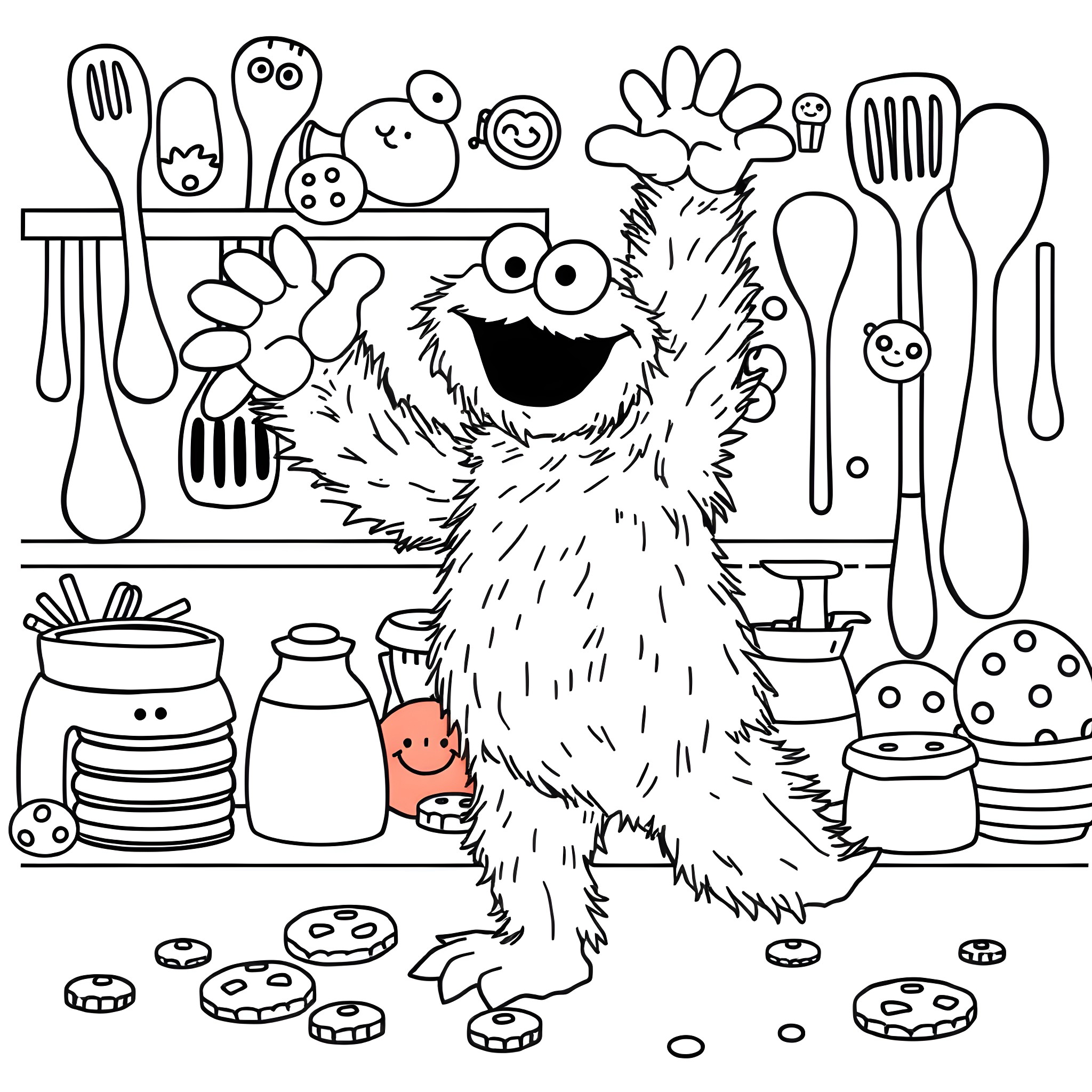 Cookie Monster cooking up a storm in the kitchen Coloring Page (free black-and-white line drawing printable PDF for all, from beginners to advanced learners, including children, teens, adults, and seniors)