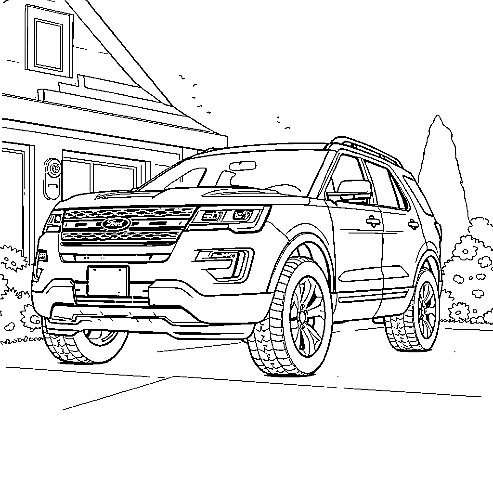 Ford Explorer parked in a driveway Coloring Page (free black-and-white line drawing printable PDF for all, from beginners to advanced learners, including children, teens, adults, and seniors)
