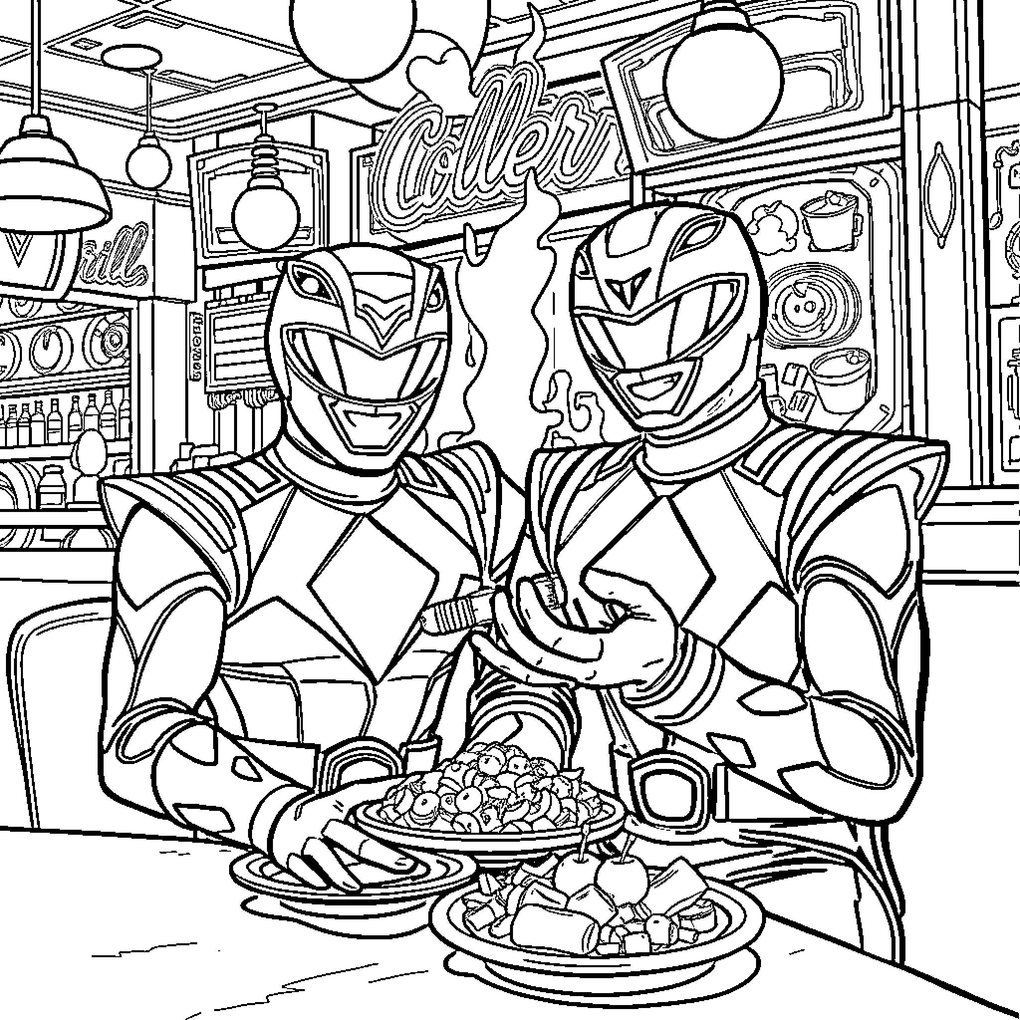 Power Rangers Enjoying a Meal Together Coloring Page (free black-and-white line drawing printable PDF for all, from beginners to advanced learners, including children, teens, adults, and seniors)